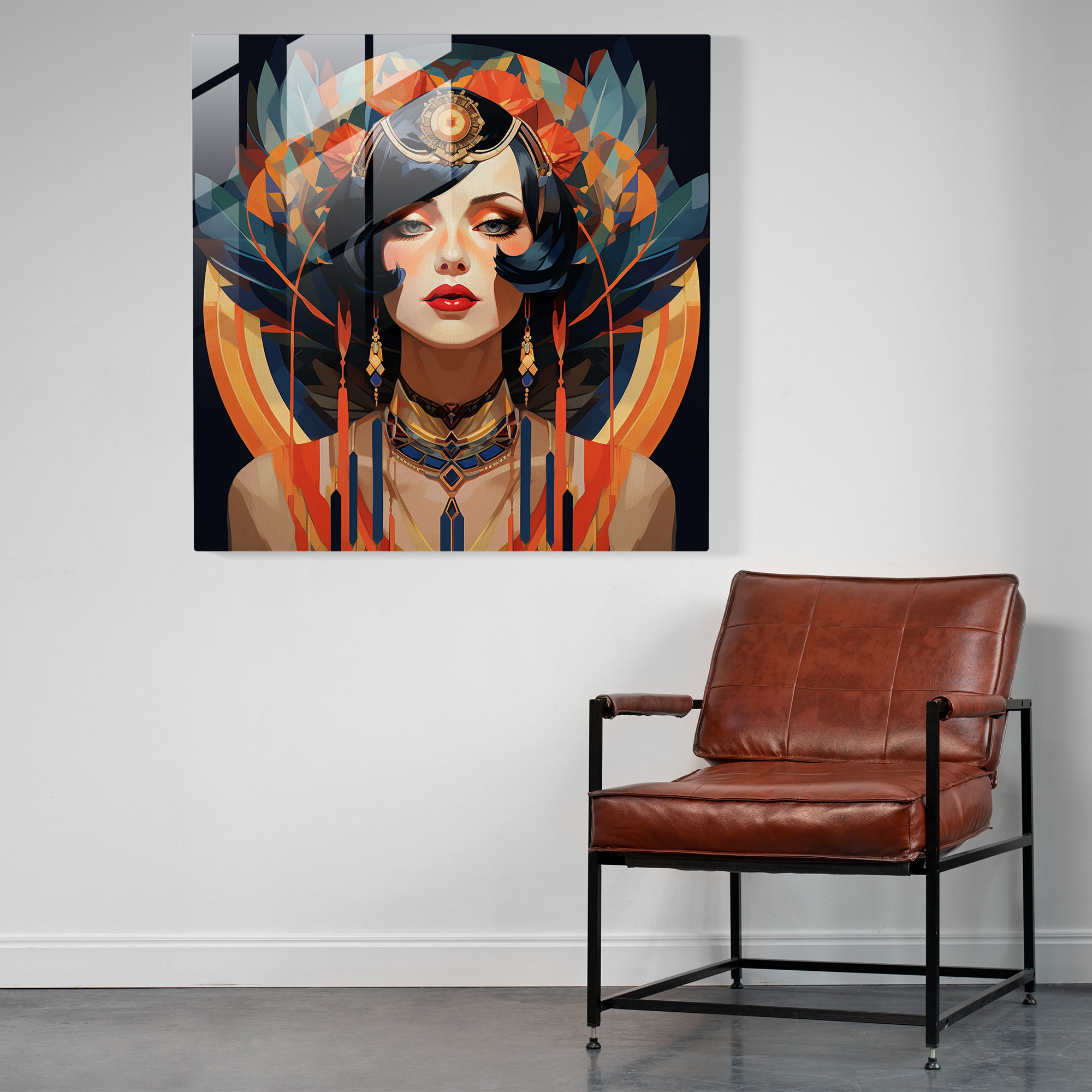Glamorous Art Deco Glass Print: Geometric Feathers Wall Art