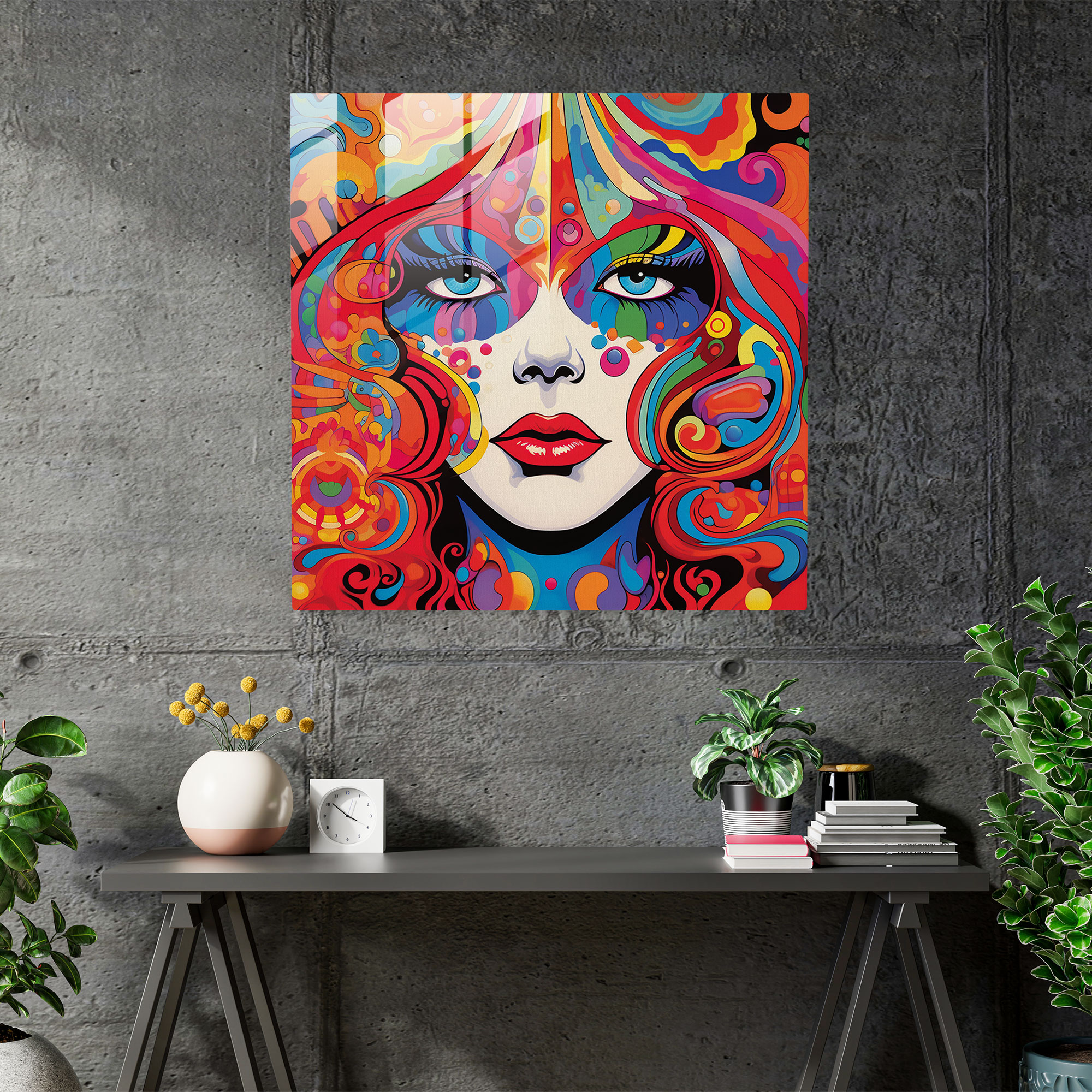 Retro Reverie: Psychedelic Glass Wall Art with Vibrant Colors and Swirling Patterns