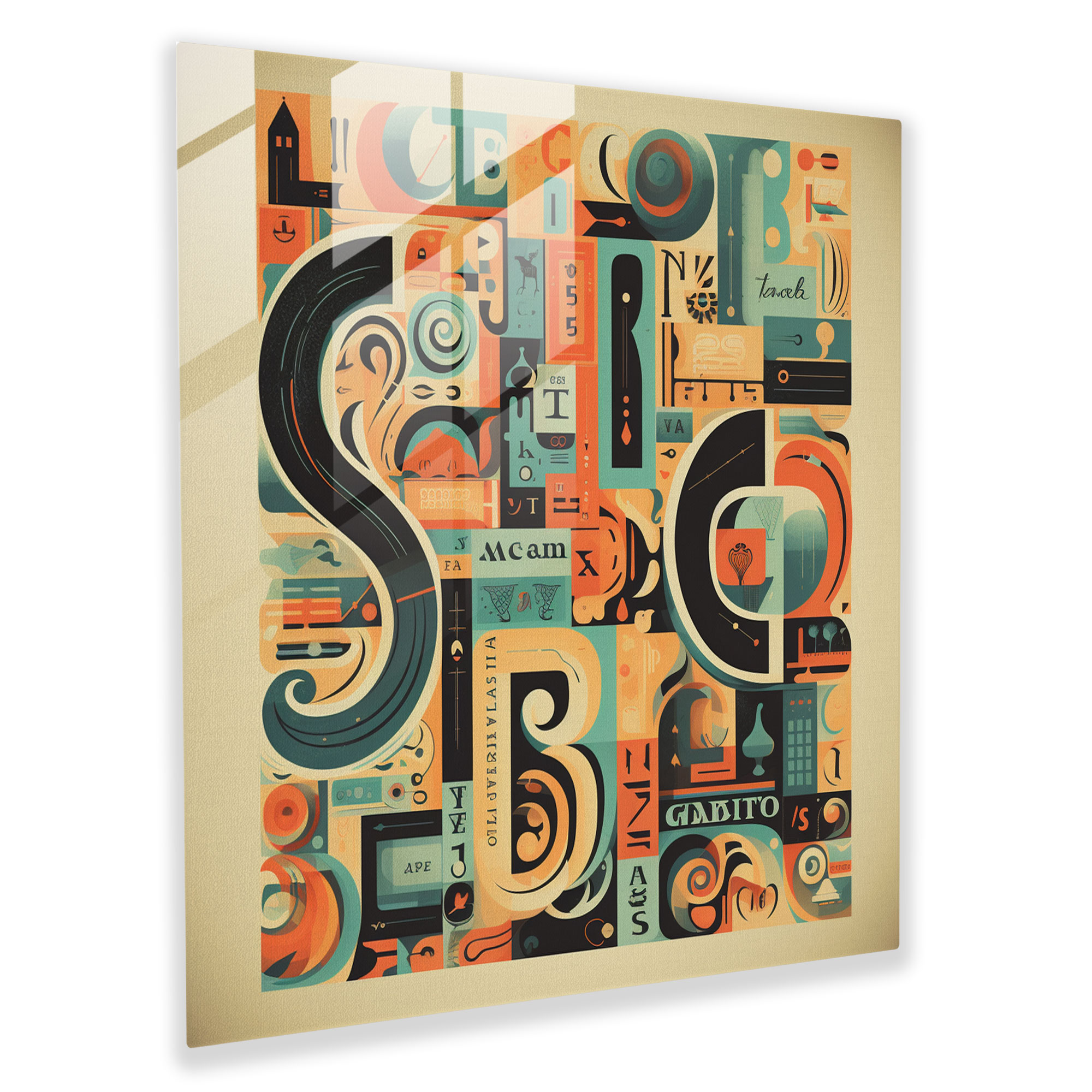 Retro Vibes: Vintage Typografie Glas Wandkunst mit kräftigen Buchstaben und dekorativen Elementen