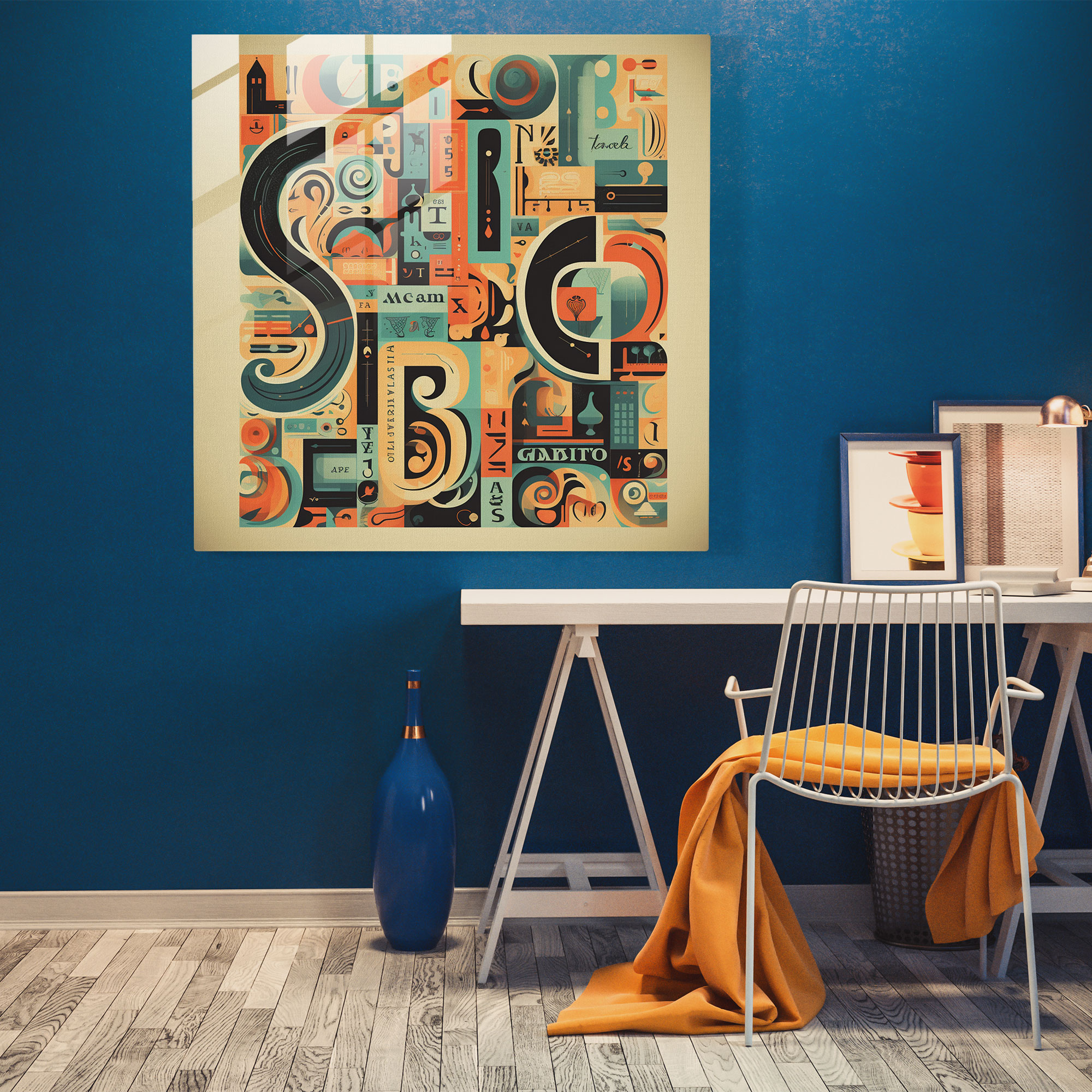 Retro Vibes: Vintage Typografie Glas Wandkunst mit kräftigen Buchstaben und dekorativen Elementen