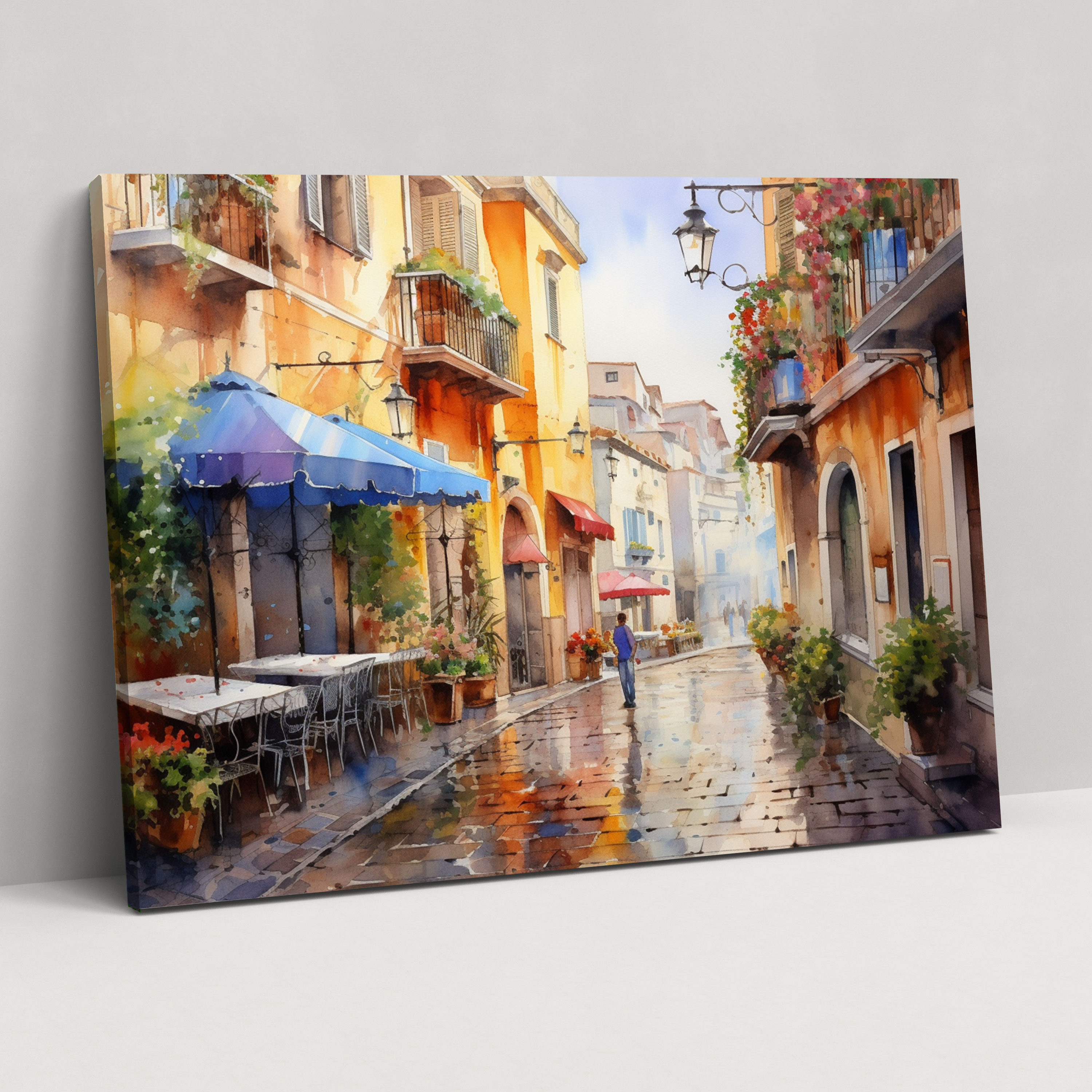 Rome Street Watercolor Canvas Print - Rome, Home Decoration, Colorful Buildings, Wall Decoration