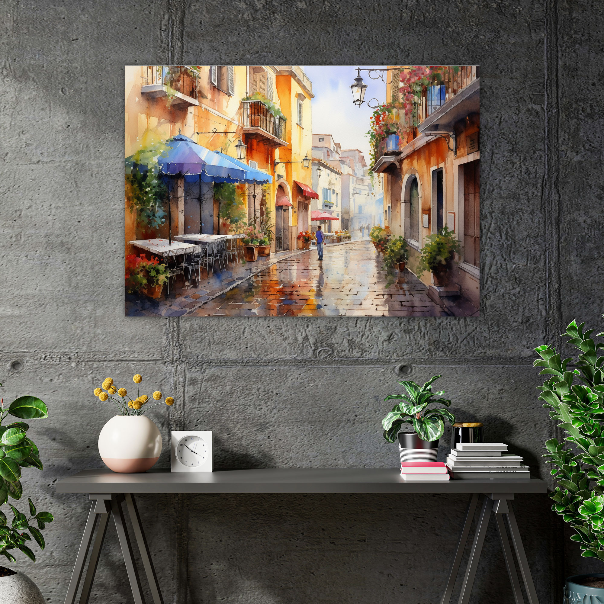 Rome Street Watercolor Canvas Print - Rome, Home Decoration, Colorful Buildings, Wall Decoration