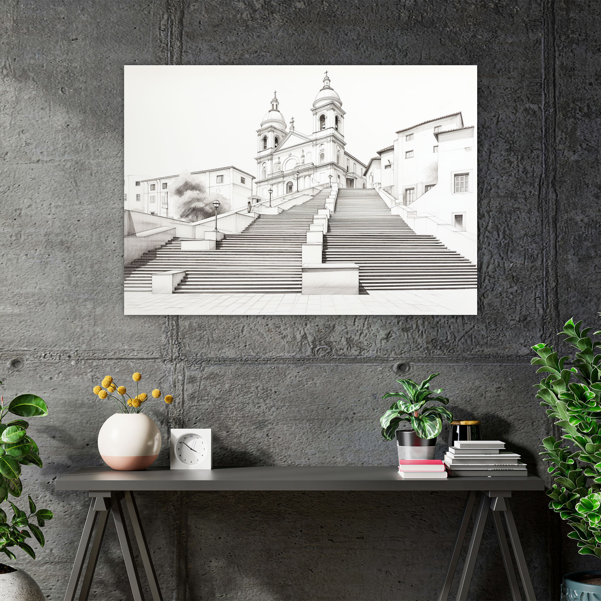 Roma Kanvas Tablo - İspanyol Merdivenleri Minimalist Çizim - Roma Minimalist Çizim Duvar Sanatı
