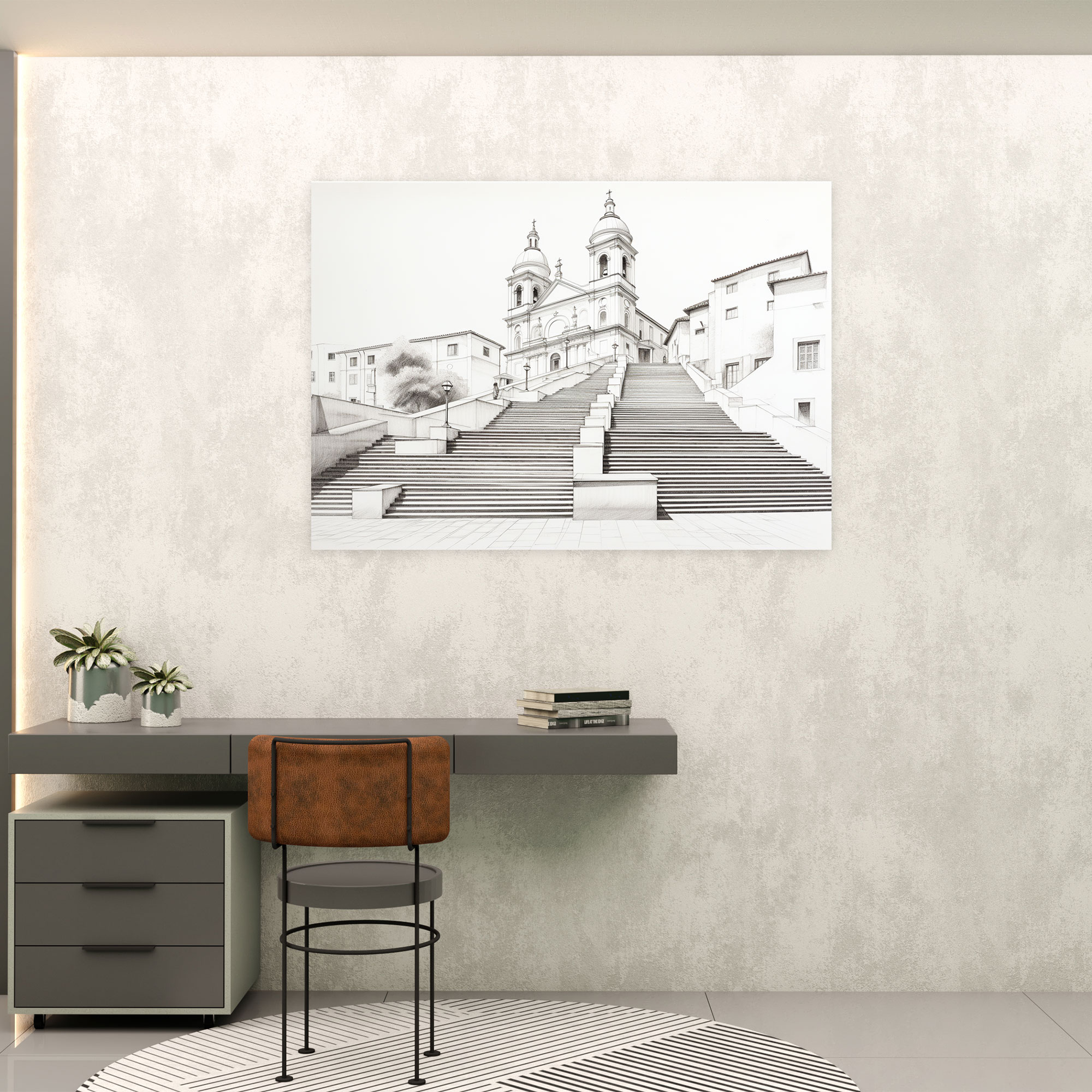 Roma Kanvas Tablo - İspanyol Merdivenleri Minimalist Çizim - Roma Minimalist Çizim Duvar Sanatı