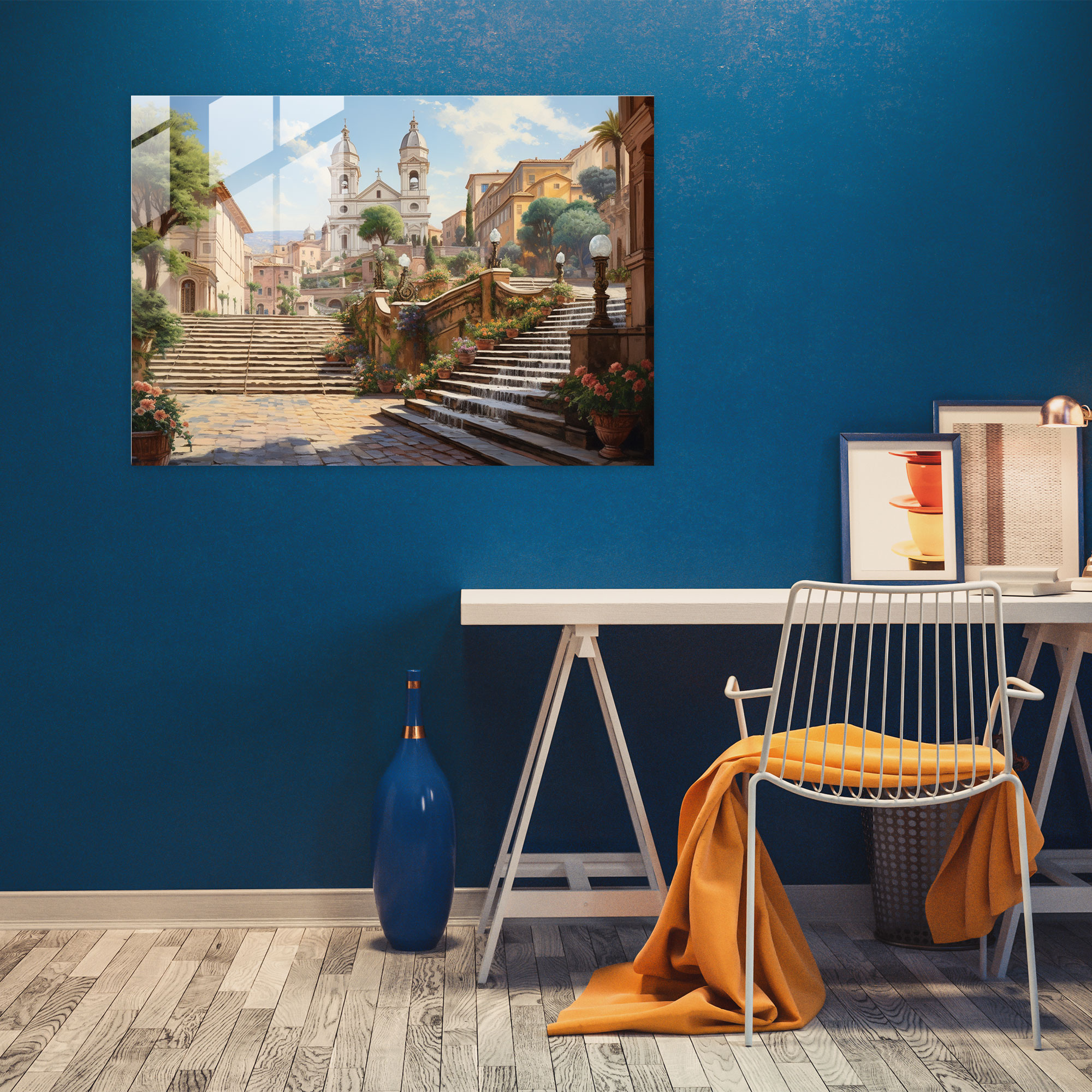 Rome Glass Wall Art - Picturesque Spanish Steps - Rome, Realistic Landscape Painting, Rome, Spanish Steps