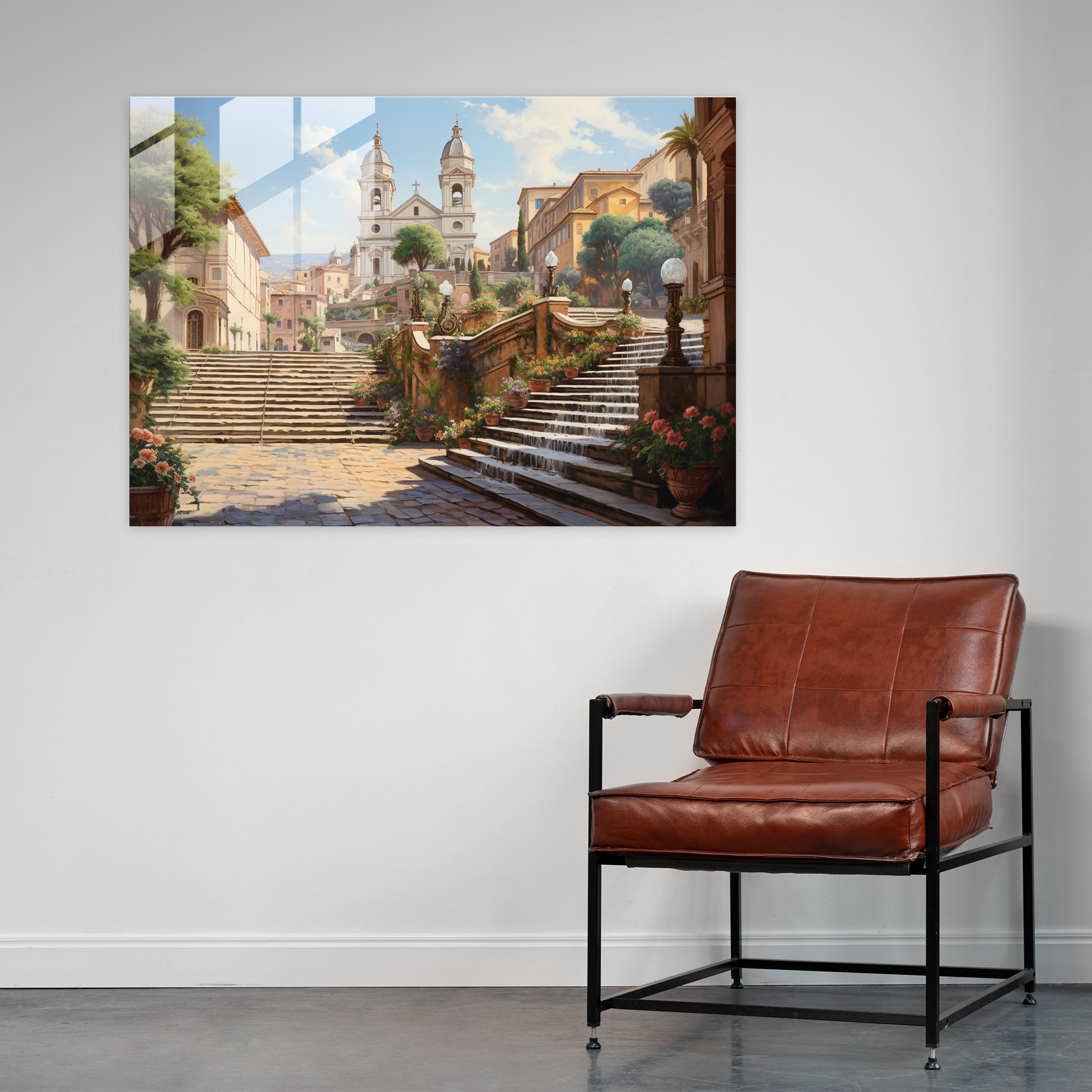 Rome Glass Wall Art - Picturesque Spanish Steps - Rome, Realistic Landscape Painting, Rome, Spanish Steps