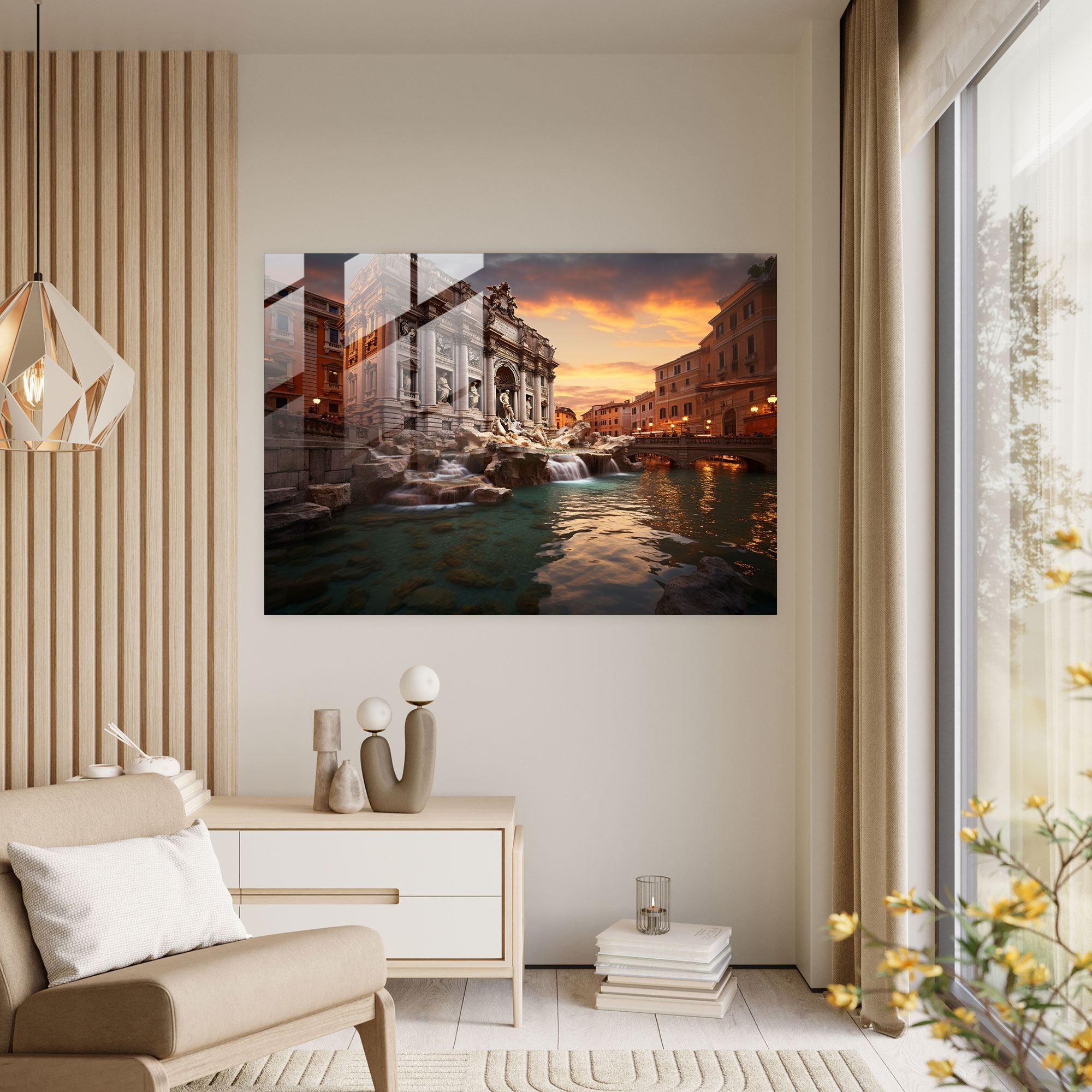 Rome Glass Print - Romantic Trevi Fountain - Rome, Contemporary Photograph, Dusk, Modern Art