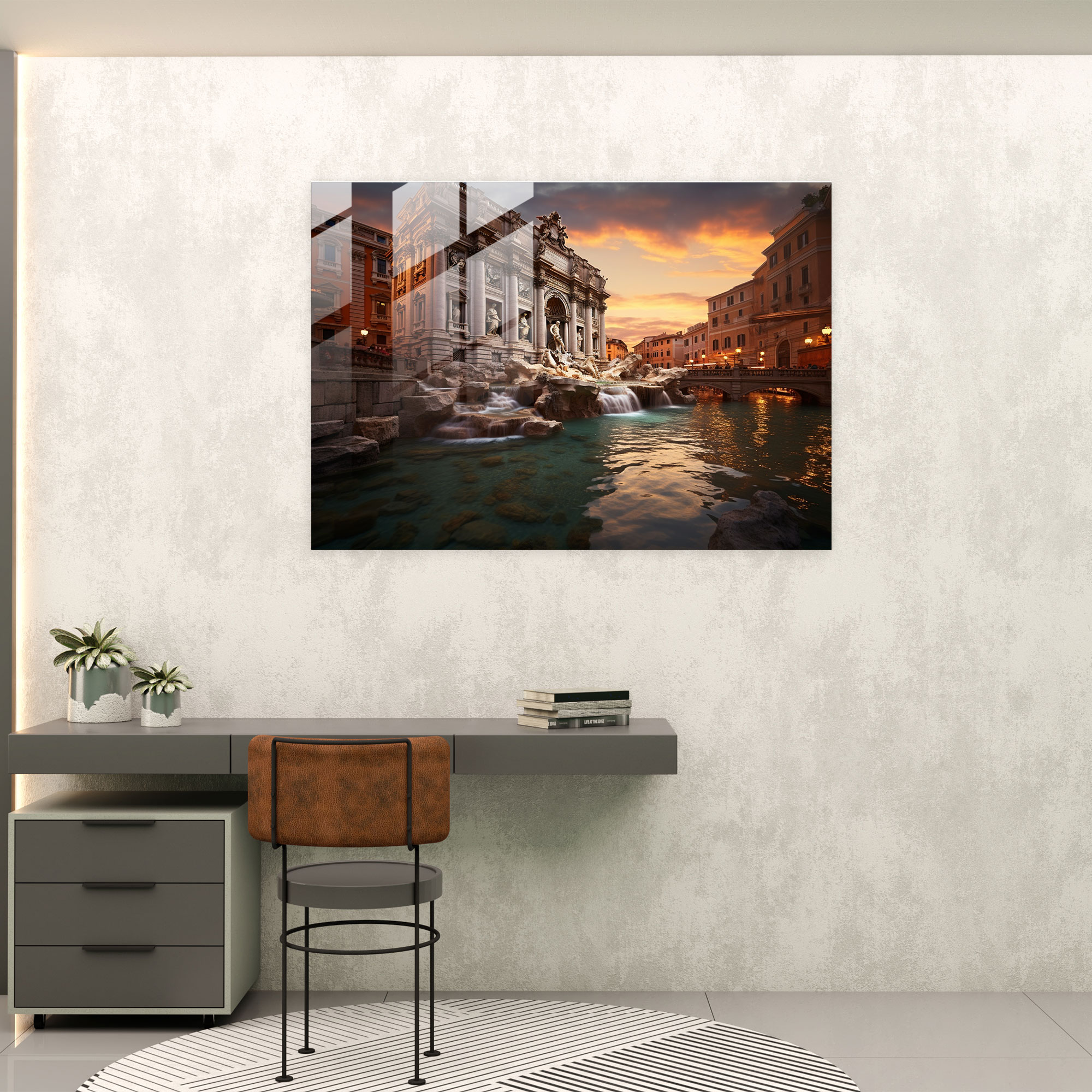 Rome Glass Print - Romantic Trevi Fountain - Rome, Contemporary Photograph, Dusk, Modern Art