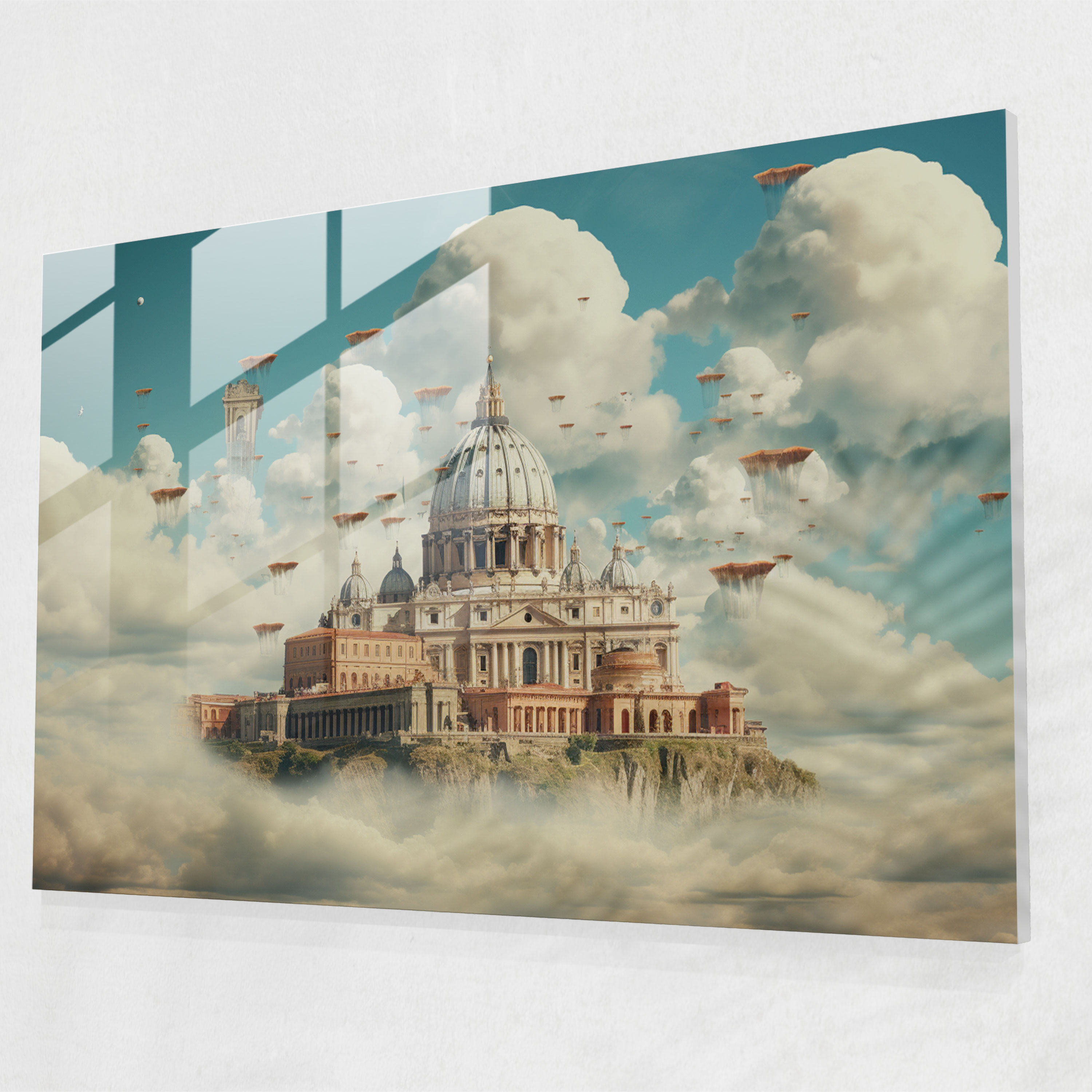 Floating Vatican City Glass Print - Surrealistic Collage Art - Rome, Wall Decoration, Glass Art, Glass Print