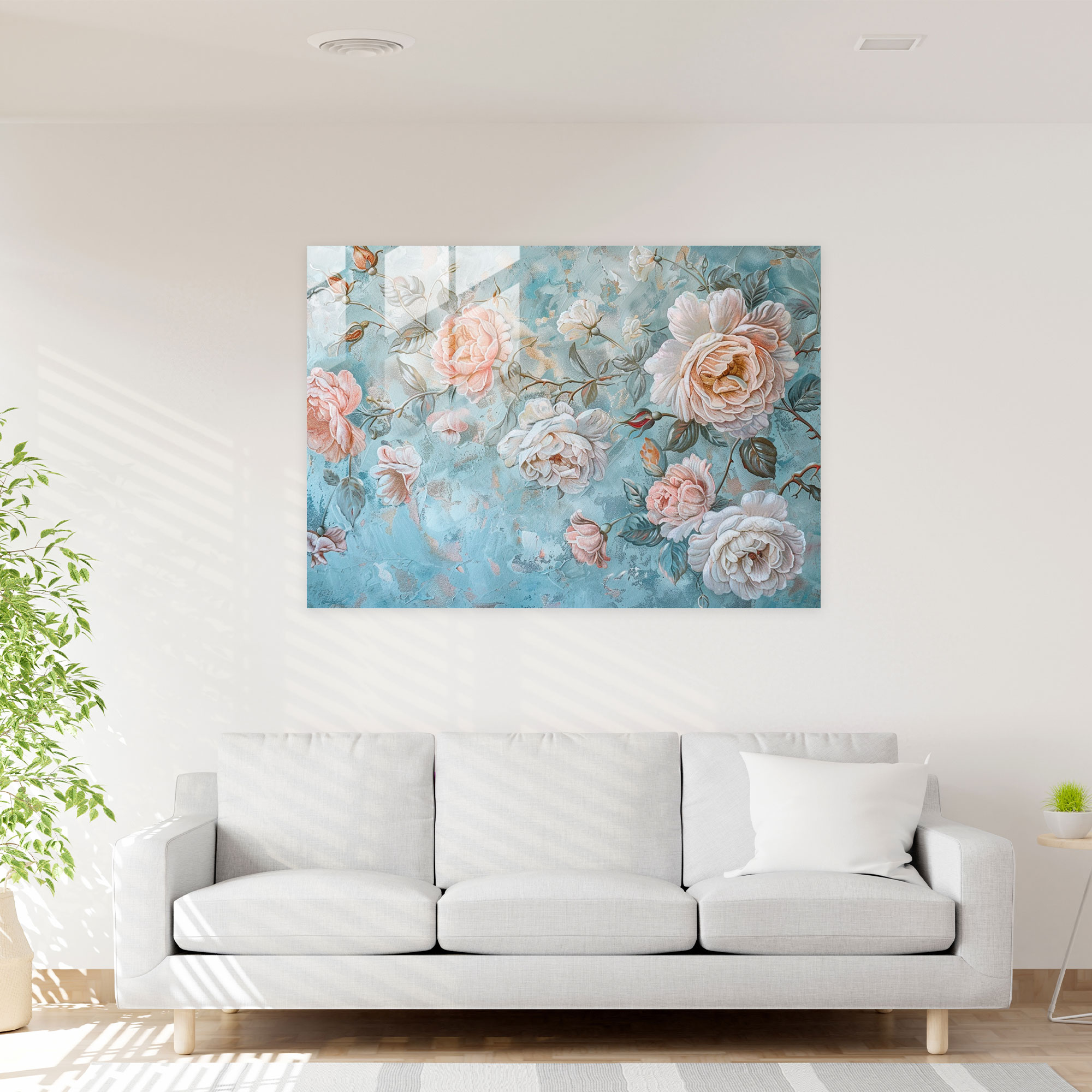 Pastel Rococo Cam Tablo Çiçek Desenleri - Rococo Tarzı Resim Pastel Renkler Ev Dekorasyonu
