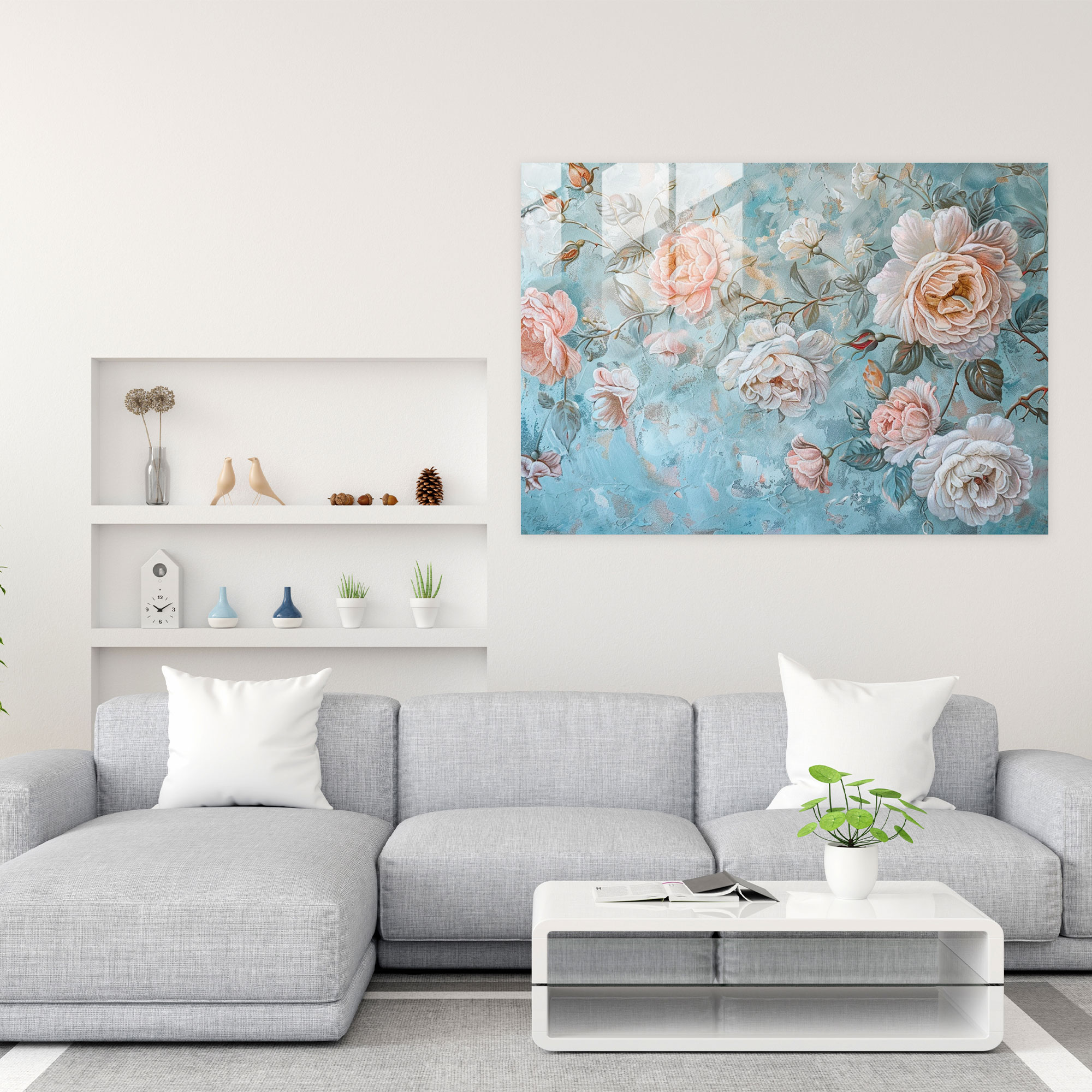 Pastel Rococo Cam Tablo Çiçek Desenleri - Rococo Tarzı Resim Pastel Renkler Ev Dekorasyonu