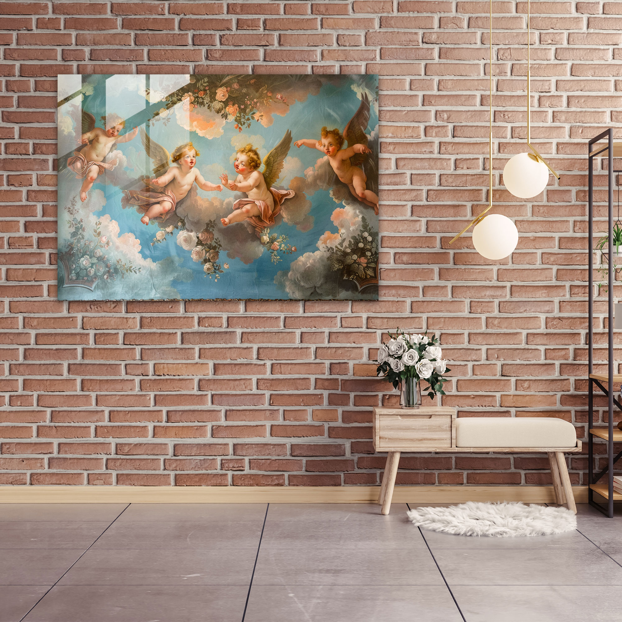 Capricious Rococo Cam Tablo Melekler Manzarası - Rococo Tarzı Resim Melekler Ev Dekorasyonu