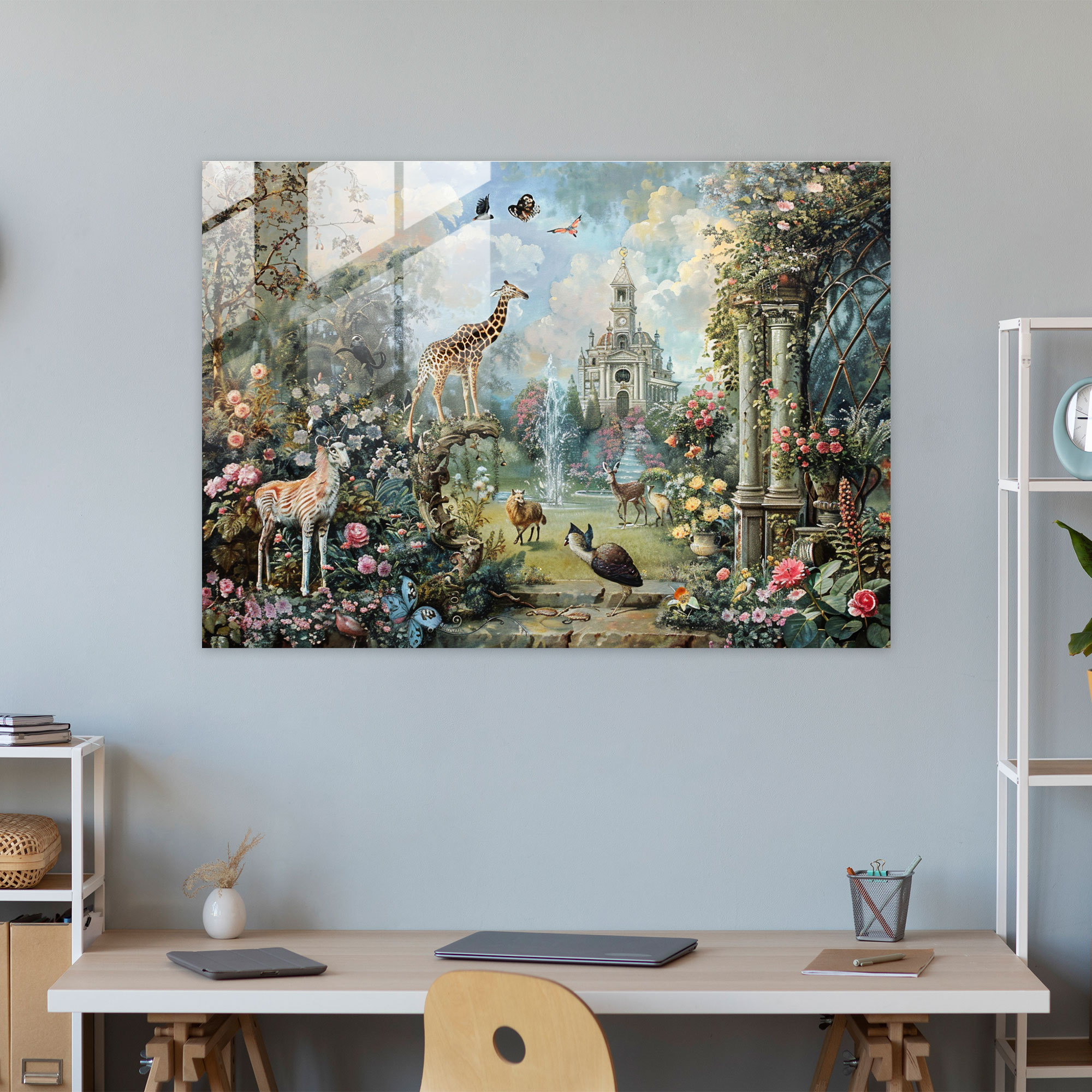 Oyuncu Rococo Cam Sanatı Capcanlı Bahçe Manzarası - Rococo Stil Tablo Cam Sanat Duvar Dekorasyonu
