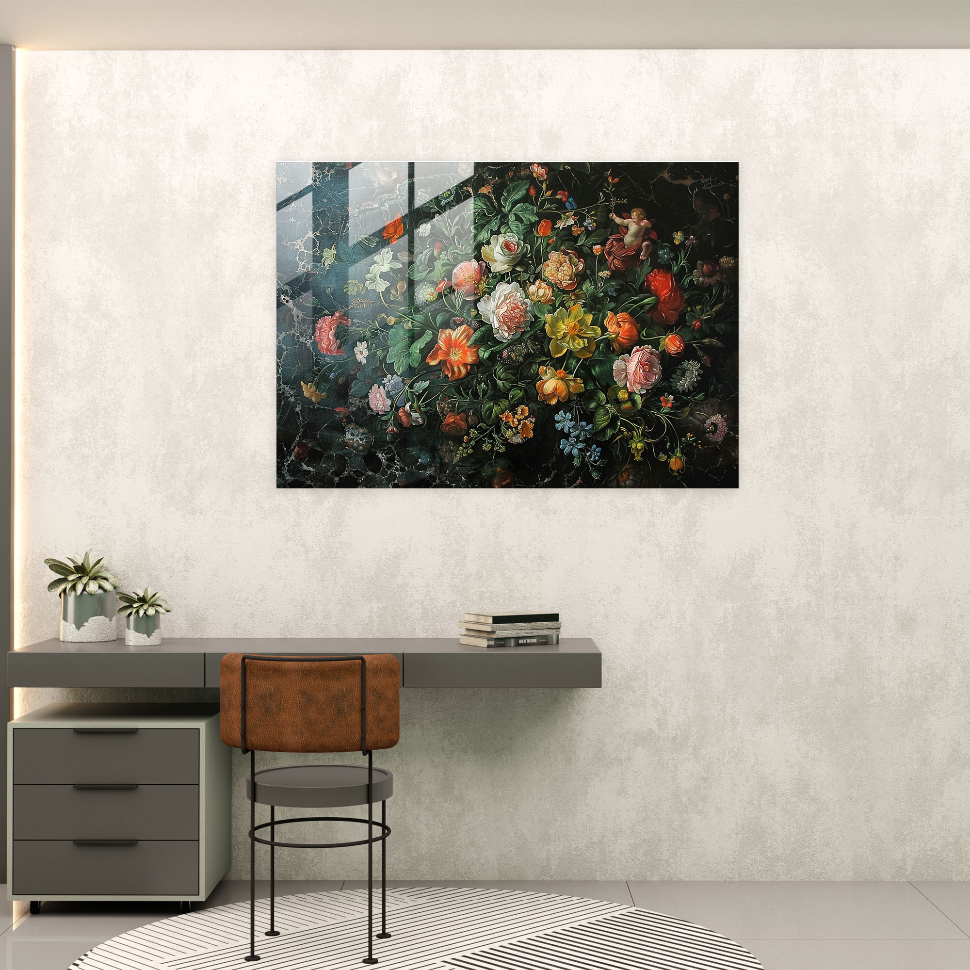 Rokoko Tarzı Resimli Cam Tablo - Modern Sanat Cam Duvar Sanatı