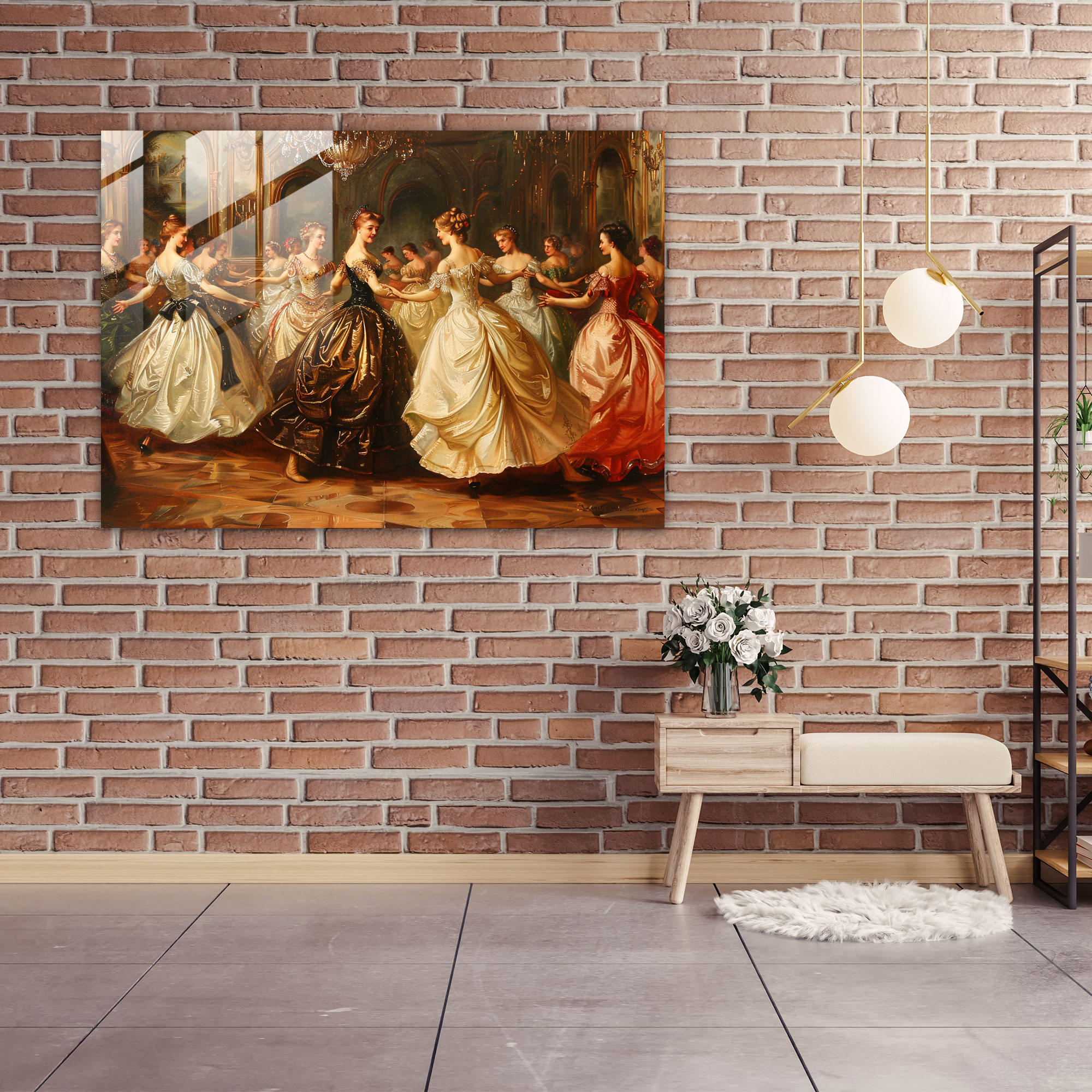 Baloda Asil Kadınlar Rococo Tarzı Resim Cam Tablo - Rococo Tarzı Resim Cam Tablo Cam Sanatı