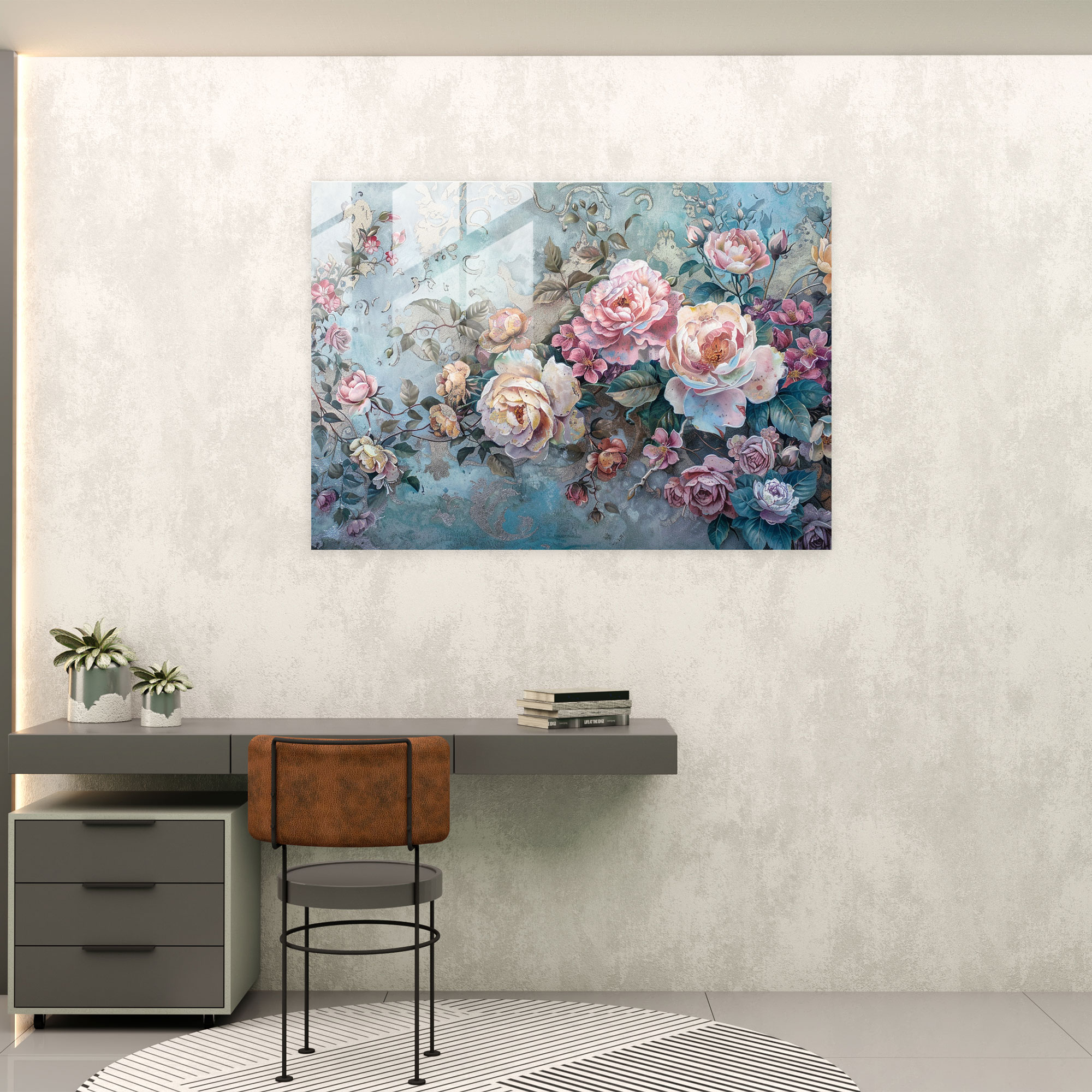 Detaylı Çiçek Desenleri Rococo Tarzı Resim Cam Duvar Sanatı - Rococo Tarzı Resim Cam Sanatı Cam Duvar Sanatı