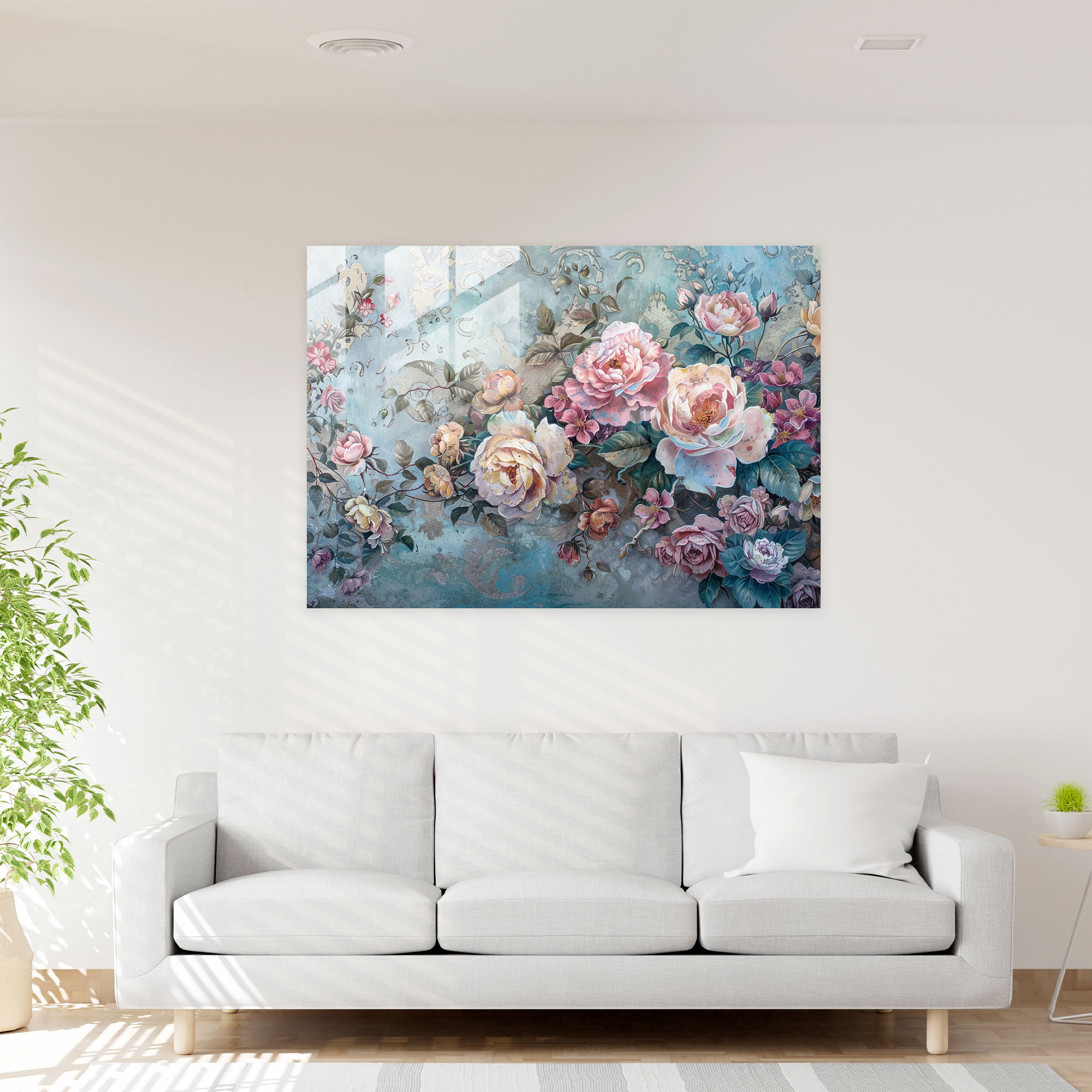 Detaylı Çiçek Desenleri Rococo Tarzı Resim Cam Duvar Sanatı - Rococo Tarzı Resim Cam Sanatı Cam Duvar Sanatı