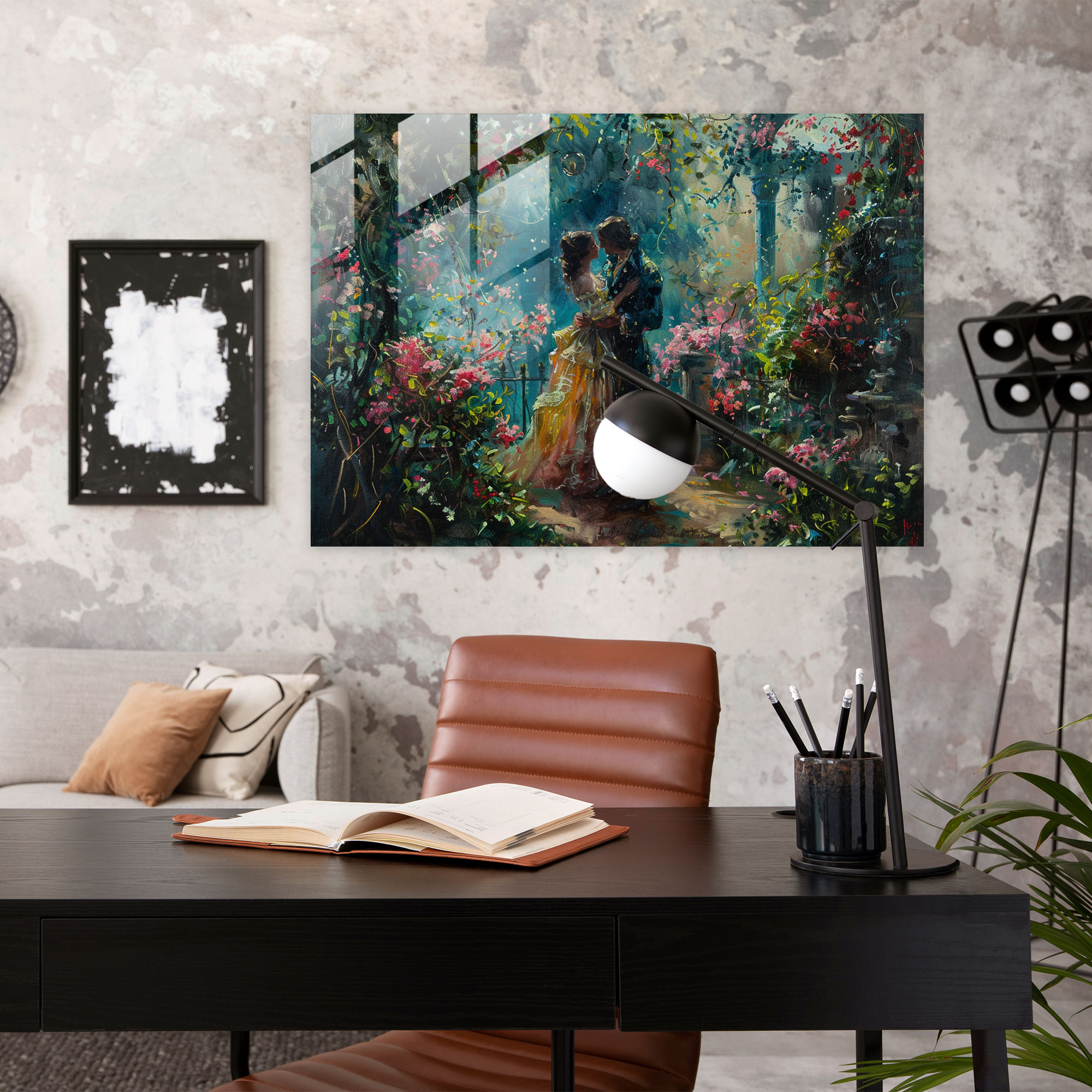 Garden Rococo Stili Resim Cam Tablo - Romantik Aşıklar Duvar Dekorasyonu