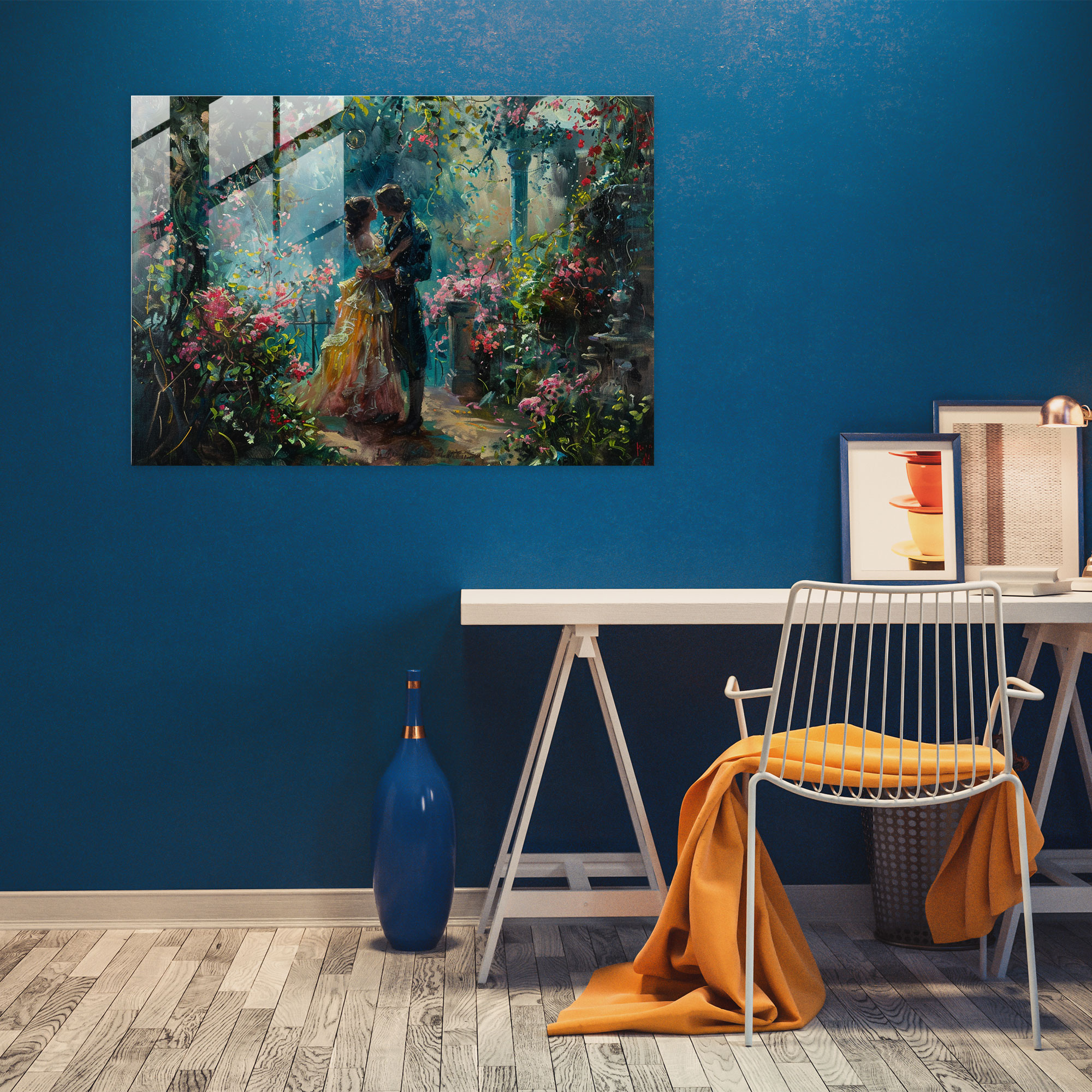 Garden Rococo Stili Resim Cam Tablo - Romantik Aşıklar Duvar Dekorasyonu