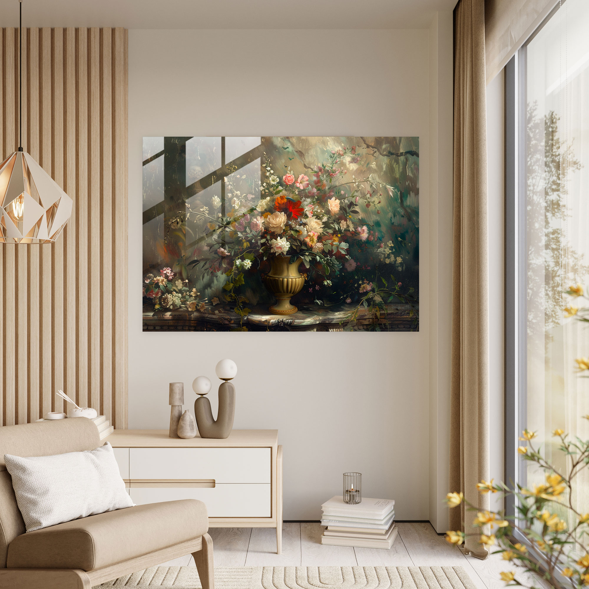 Çiçek Desenli Rococo Tarzı Ev Dekorasyonu - Modern Sanat Duvar Dekorasyonu Cam Tablo
