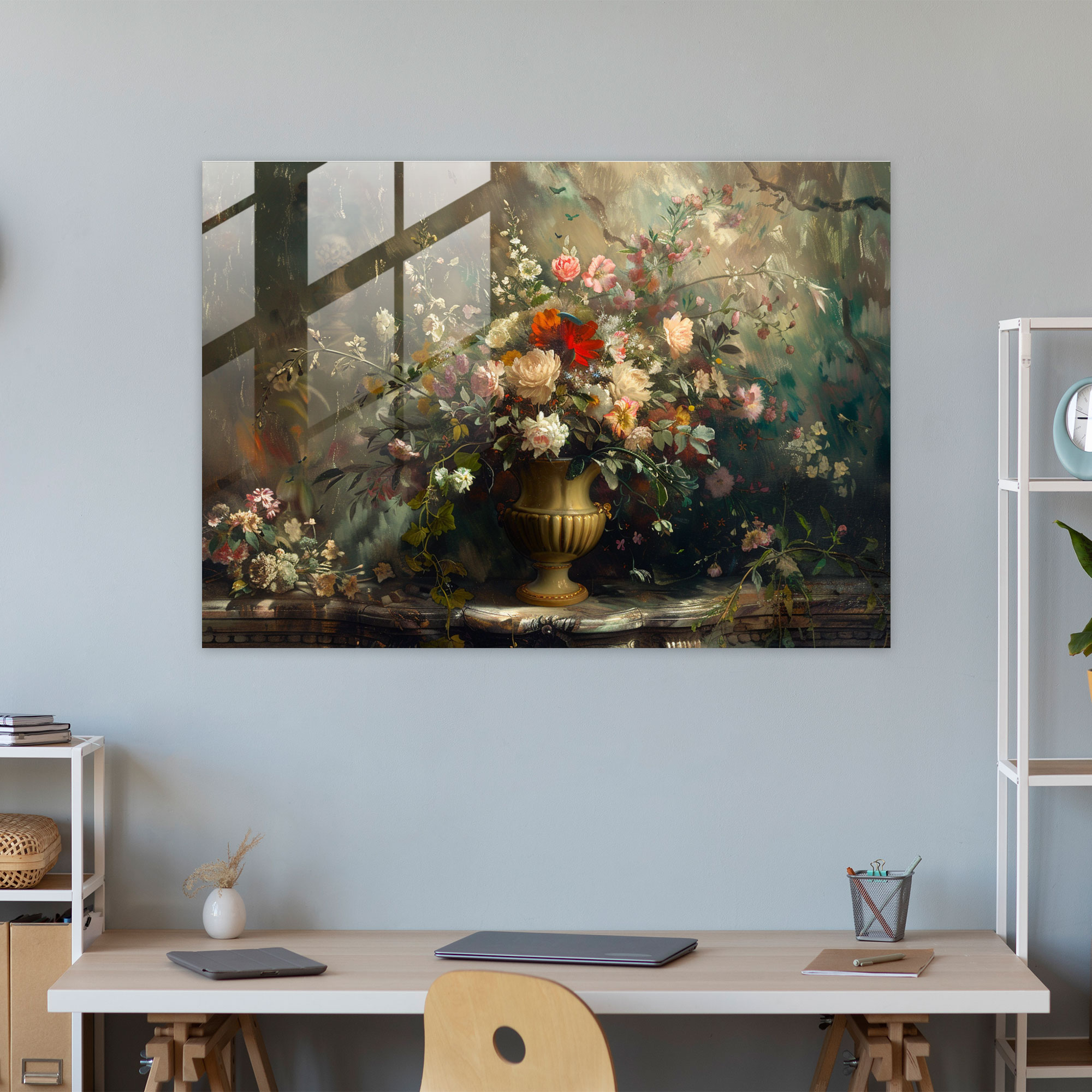 Çiçek Desenli Rococo Tarzı Ev Dekorasyonu - Modern Sanat Duvar Dekorasyonu Cam Tablo