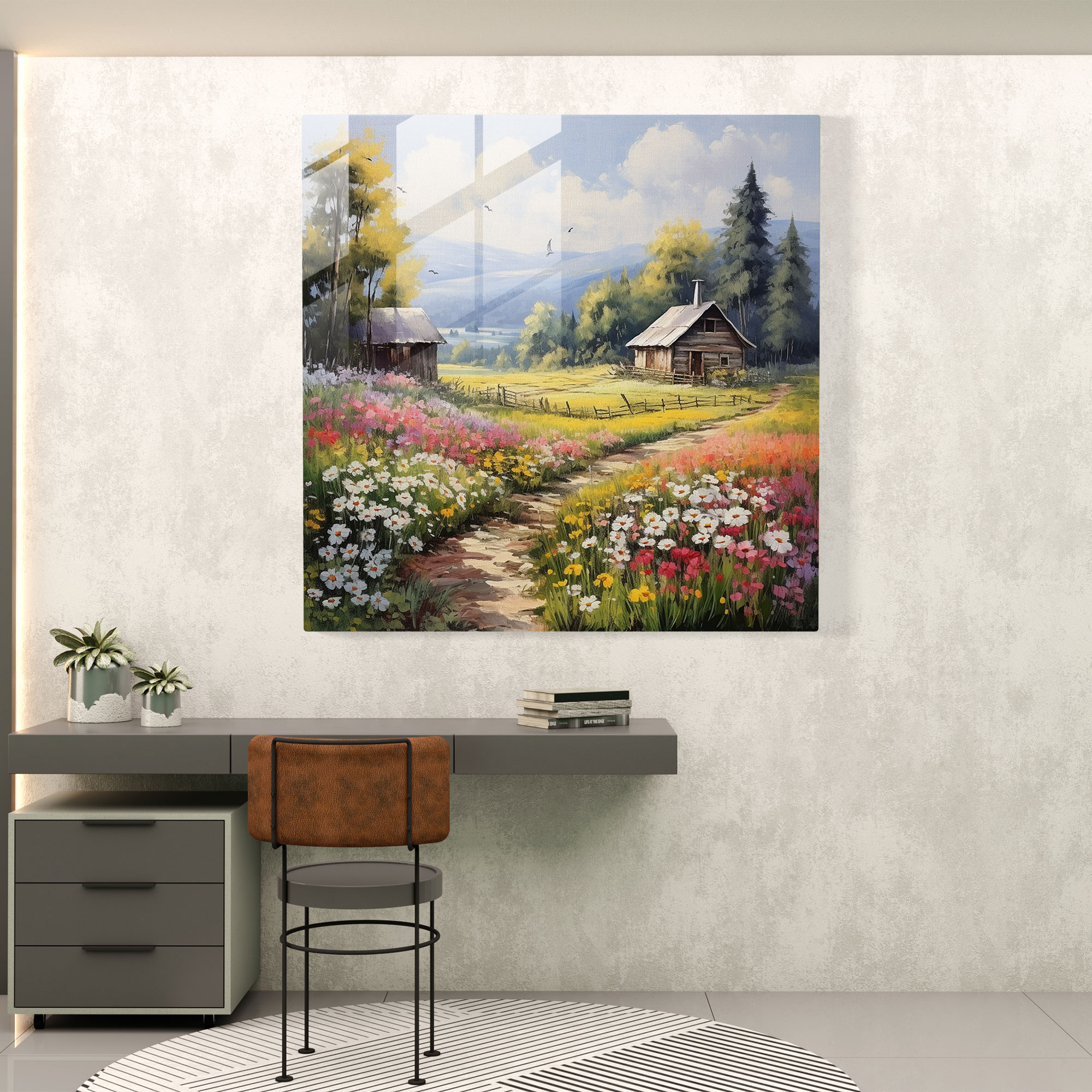 Rustic Hand-Painted Landscape - Countryside Barn - Rustic, Glass Print, Countryside, Rustic