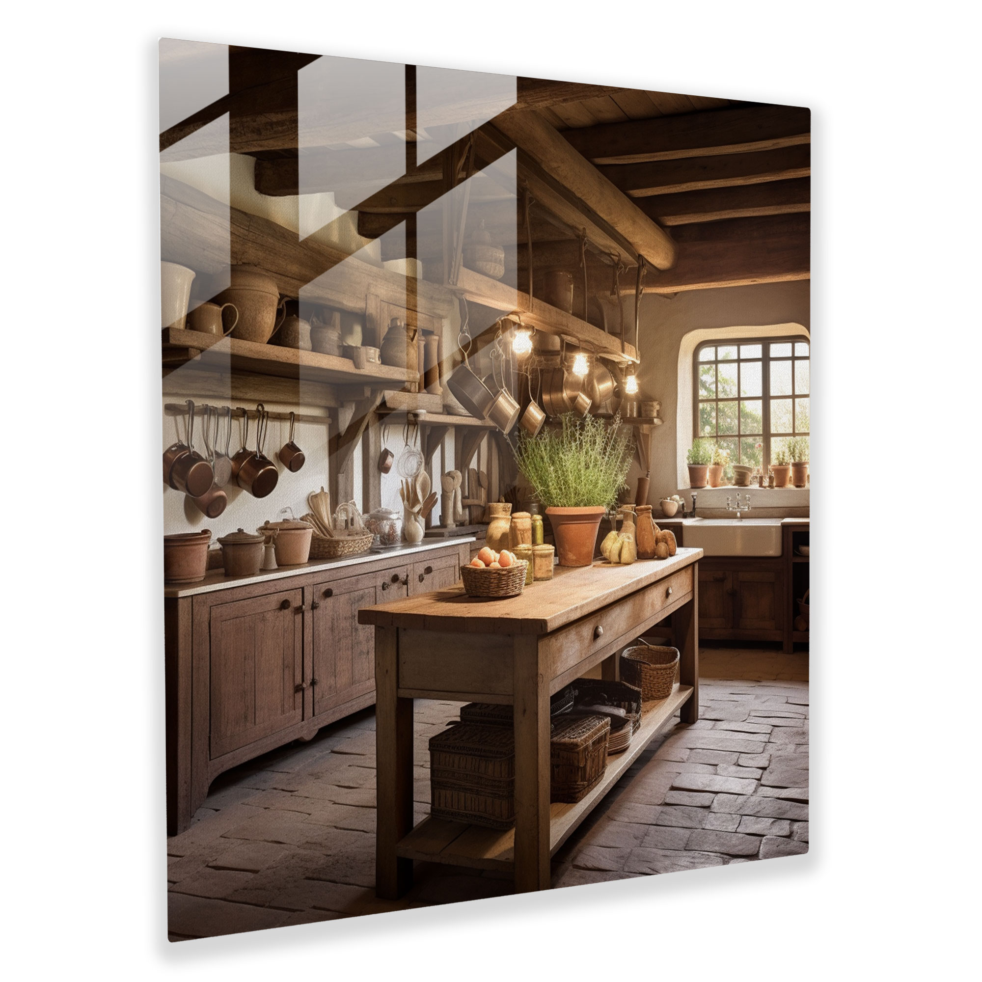Rustic Farmhouse Kitchen Glass Print - Rustic, Vintage-Inspired, Rustic Charm, Wall Decoration