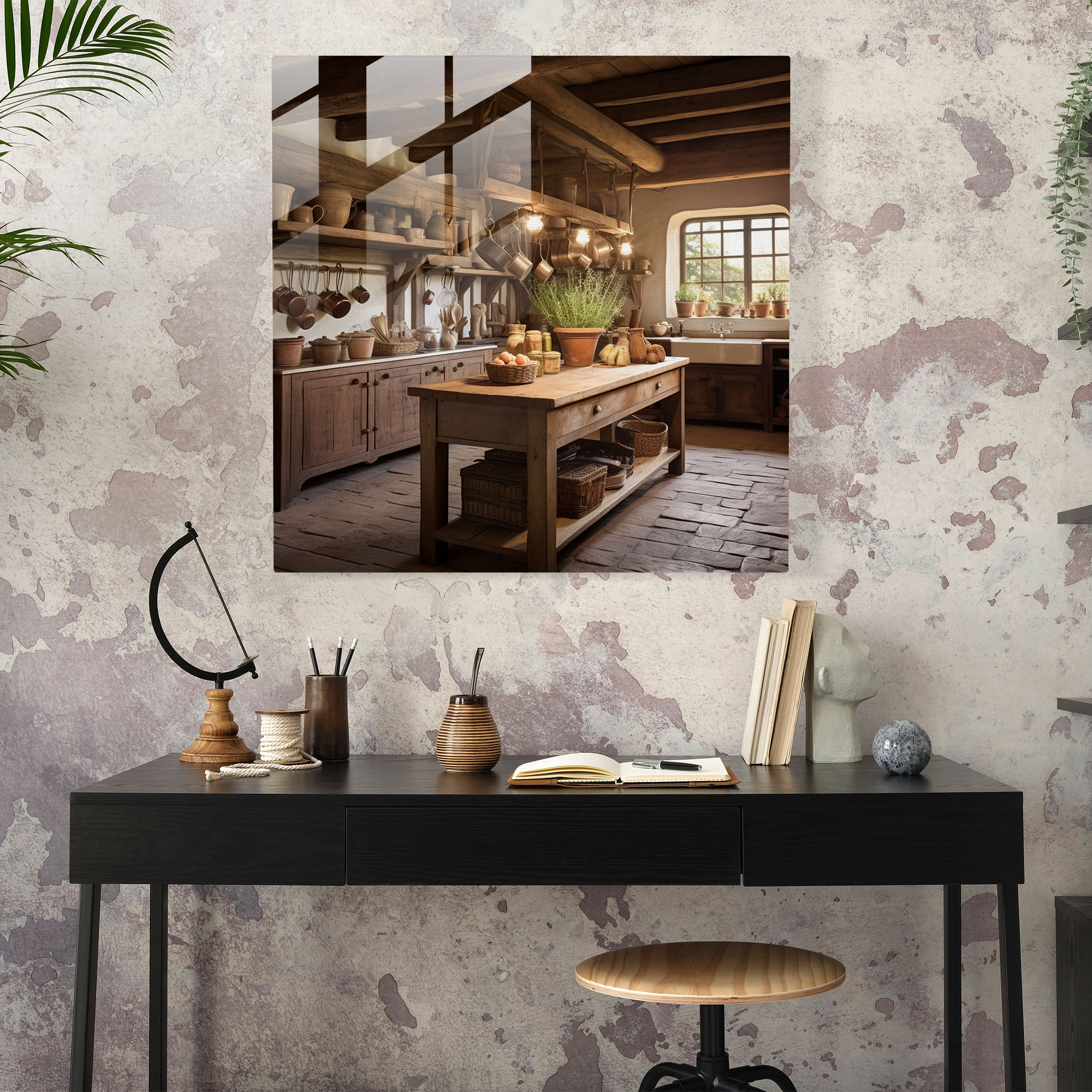 Rustic Farmhouse Kitchen Glass Print - Rustic, Vintage-Inspired, Rustic Charm, Wall Decoration