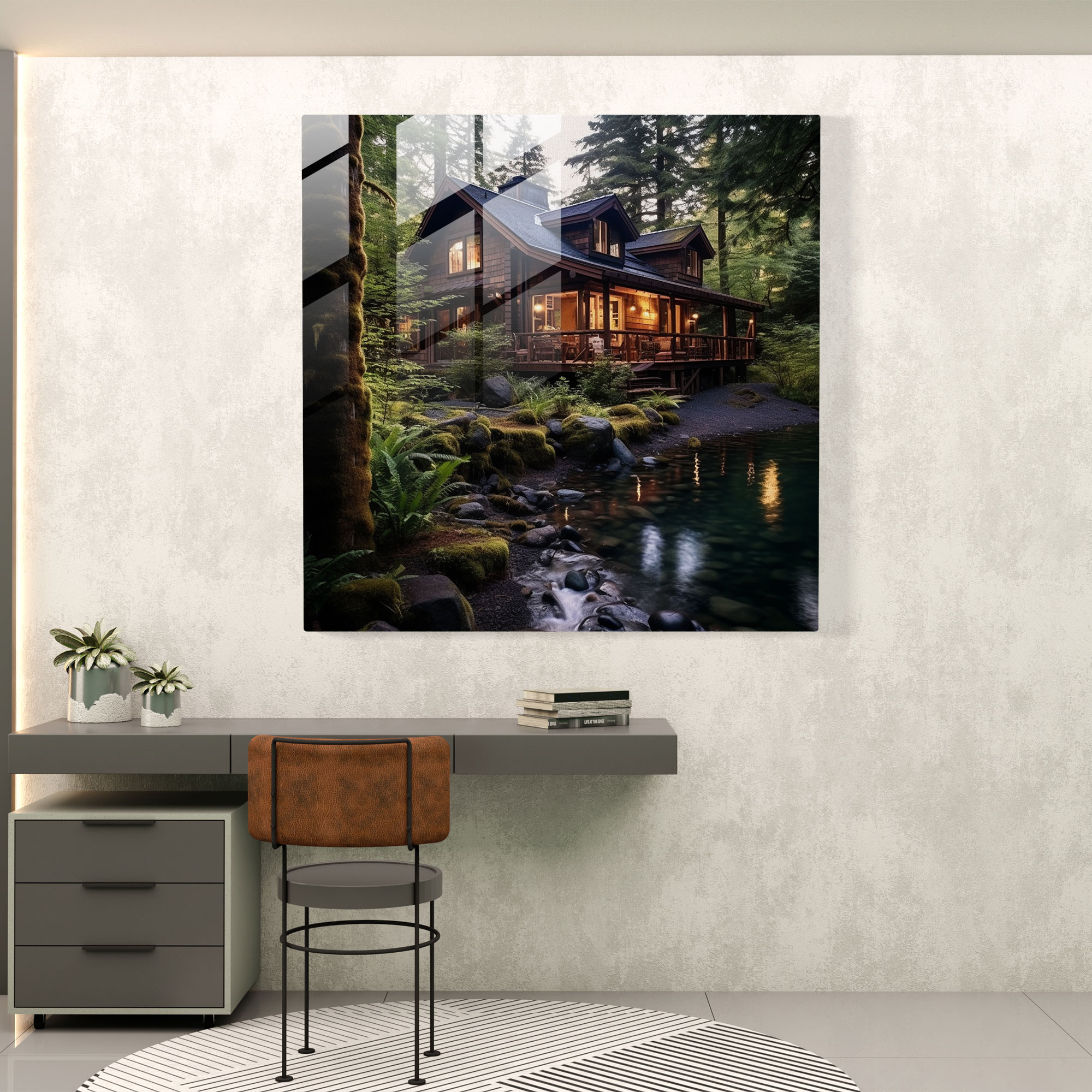 Tranquil Forest Cabin Glass Print - Rustic, Wall Decoration, Rustic, Glass Wall Art