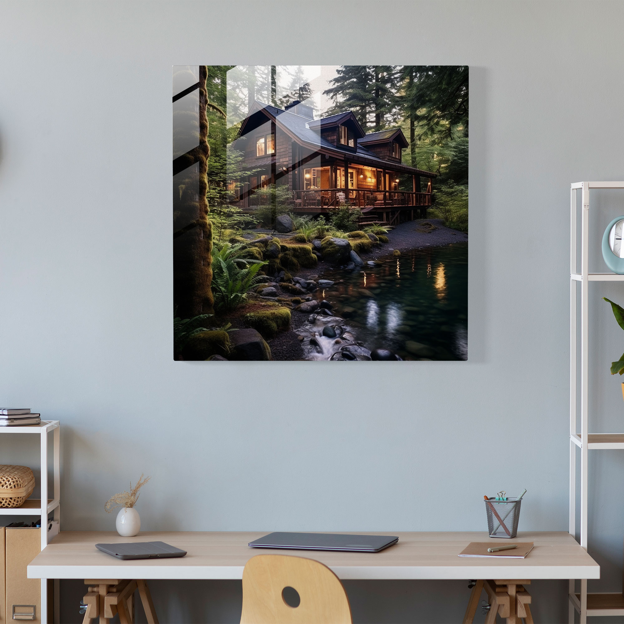 Tranquil Forest Cabin Glass Print - Rustic, Wall Decoration, Rustic, Glass Wall Art