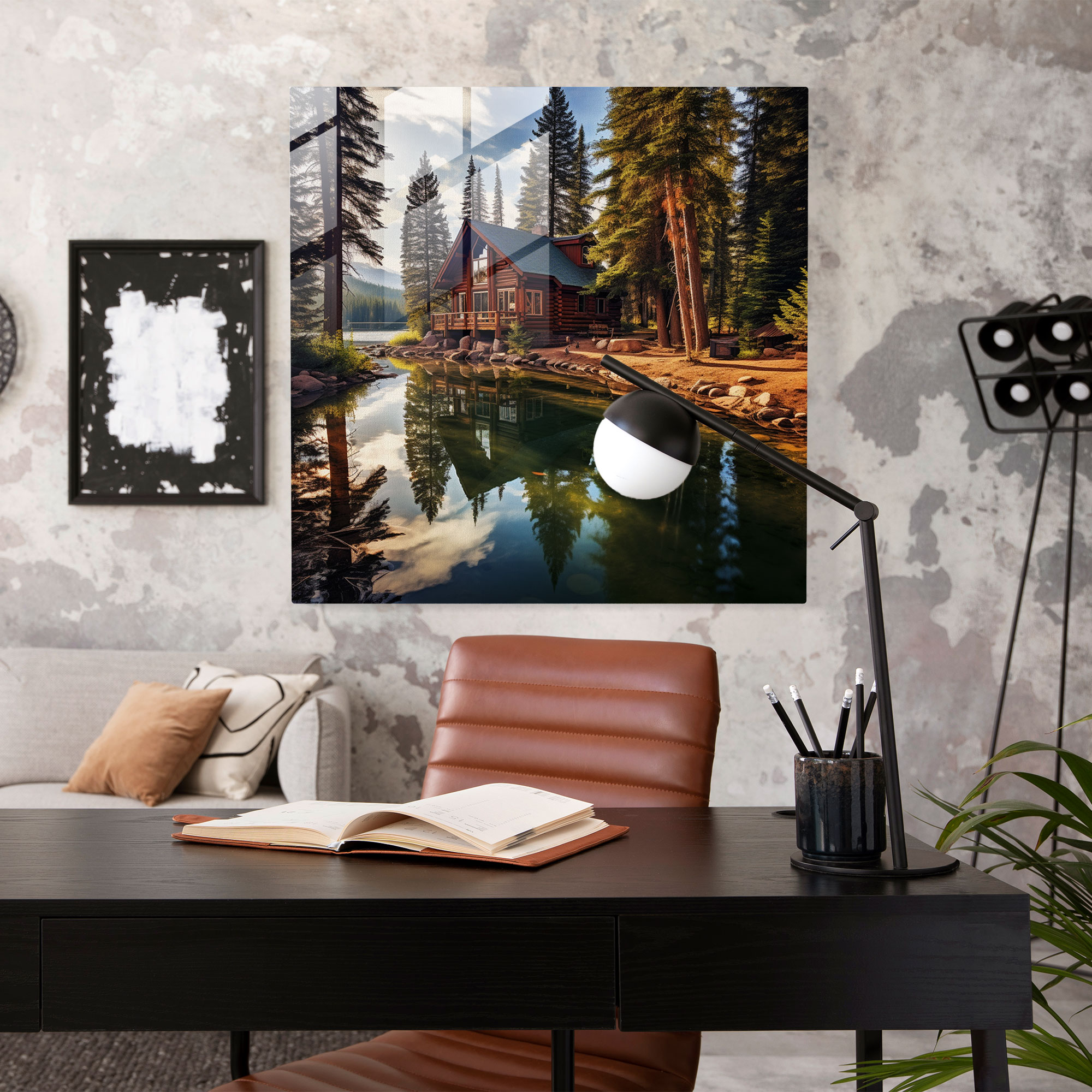 Lakeside Cabin Glass Print - Rustic, Towering Pine Trees, Rustic, Glass Art