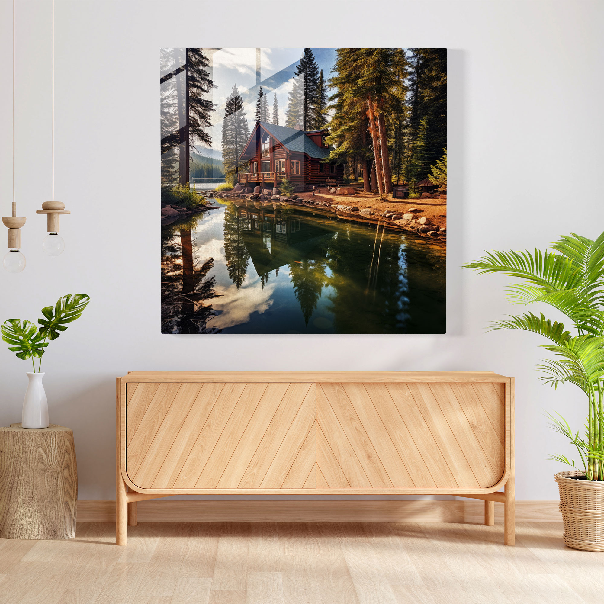Lakeside Cabin Glass Print - Rustic, Towering Pine Trees, Rustic, Glass Art