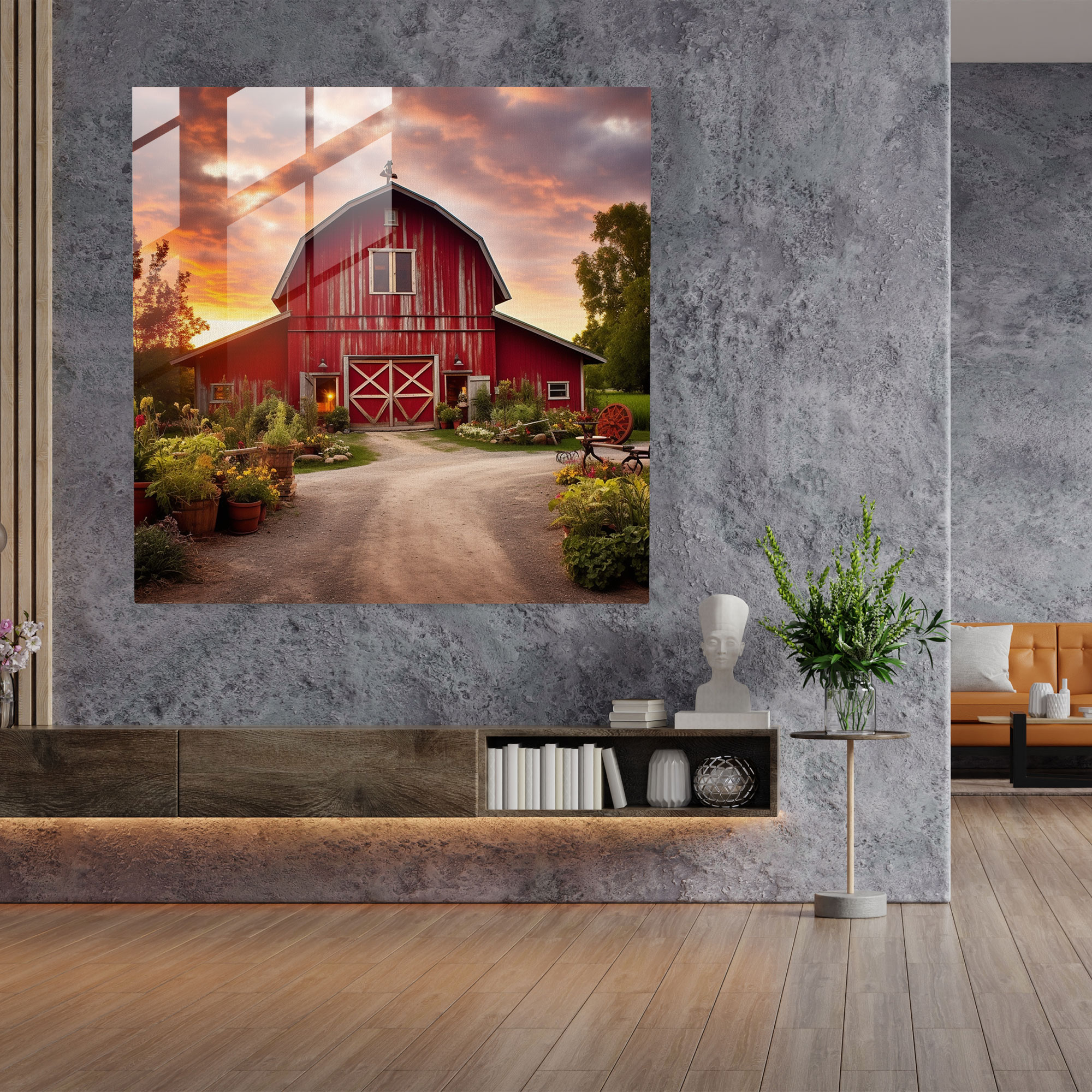 Red Barn Sunset Glass Print - Rustic, Stunning Sunset, Rustic Charm, Rustic