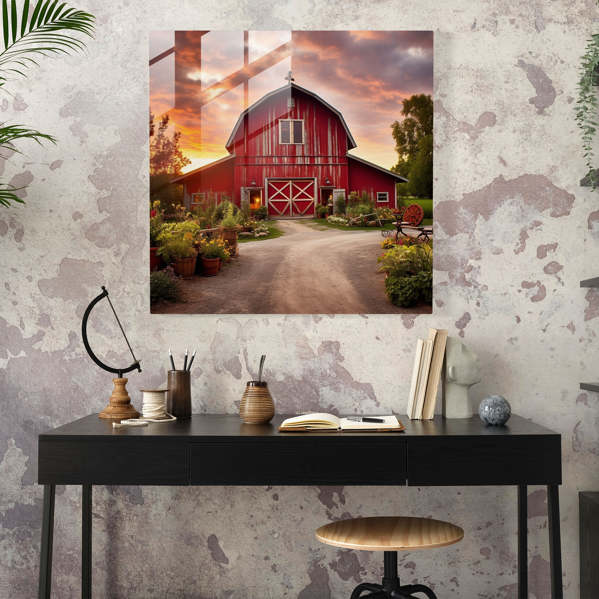 Red Barn Sunset Glass Print - Rustic, Stunning Sunset, Rustic Charm, Rustic