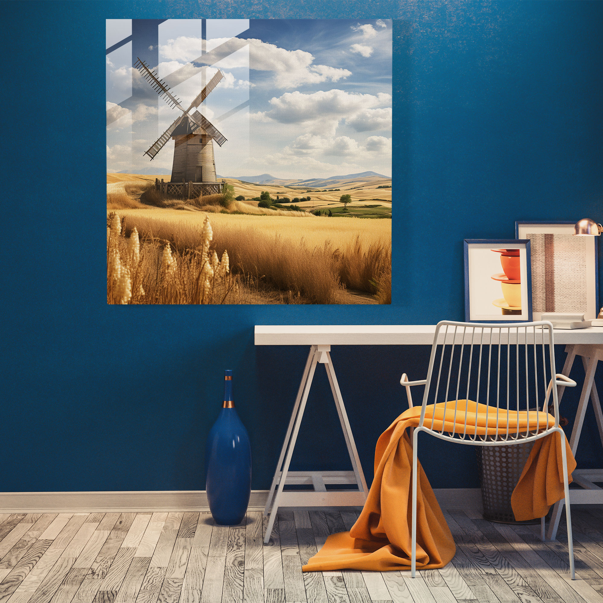 Golden Wheat Windmill Glass Print - Rustic, Glass Wall Art, Glass Art, Blowing In The Wind