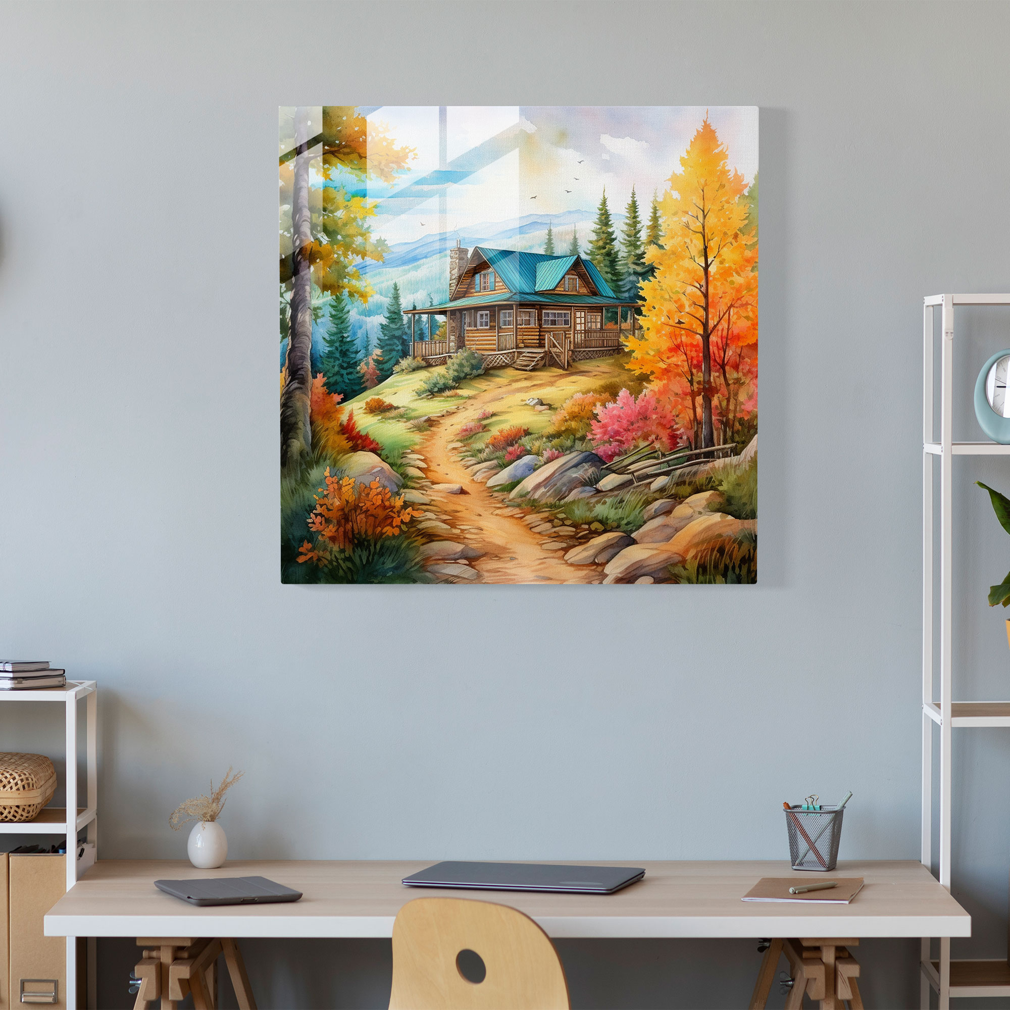 Rustic Watercolor Cabin Glass Print - Rustic, Cabin, Glass Art, Modern Art