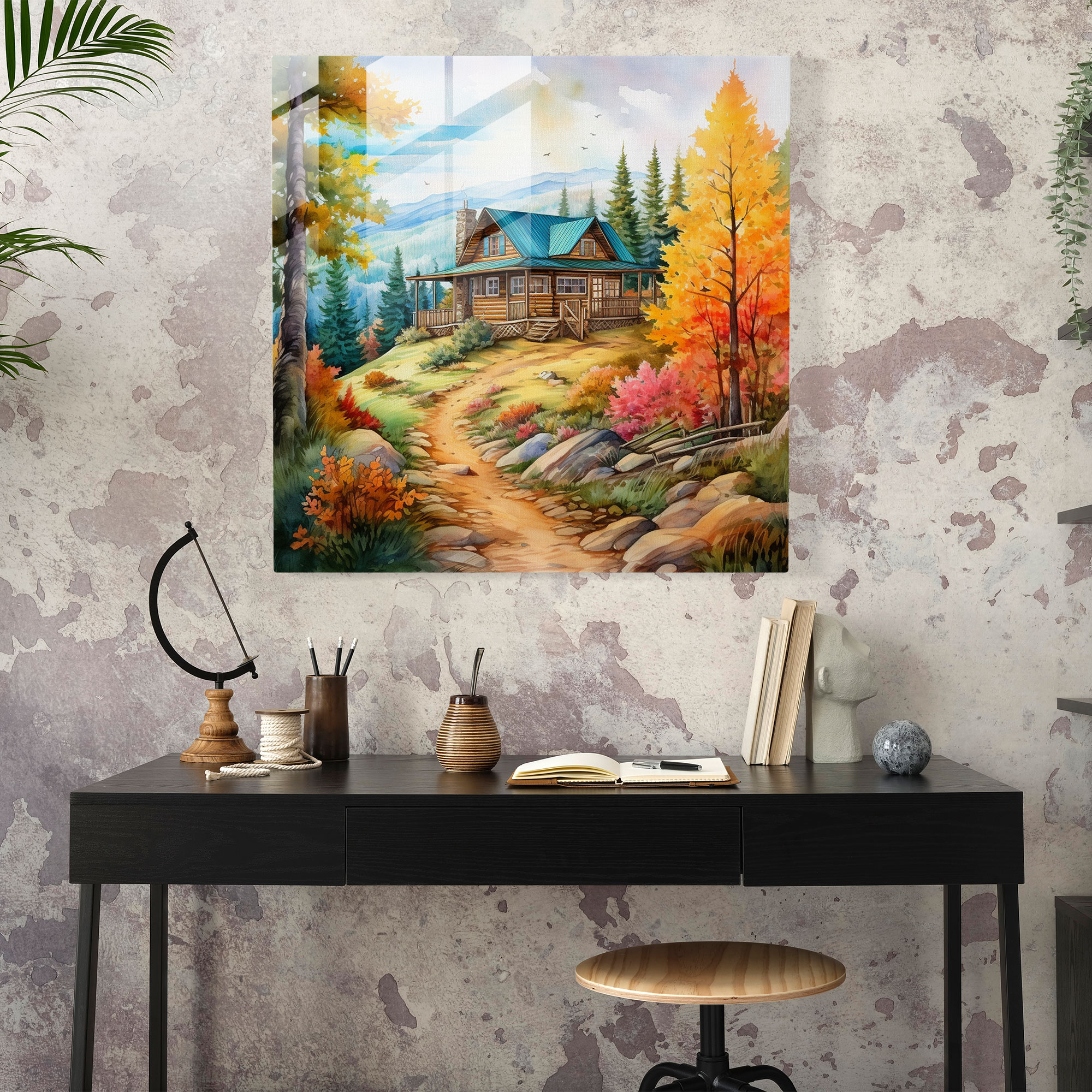 Rustic Watercolor Cabin Glass Print - Rustic, Cabin, Glass Art, Modern Art