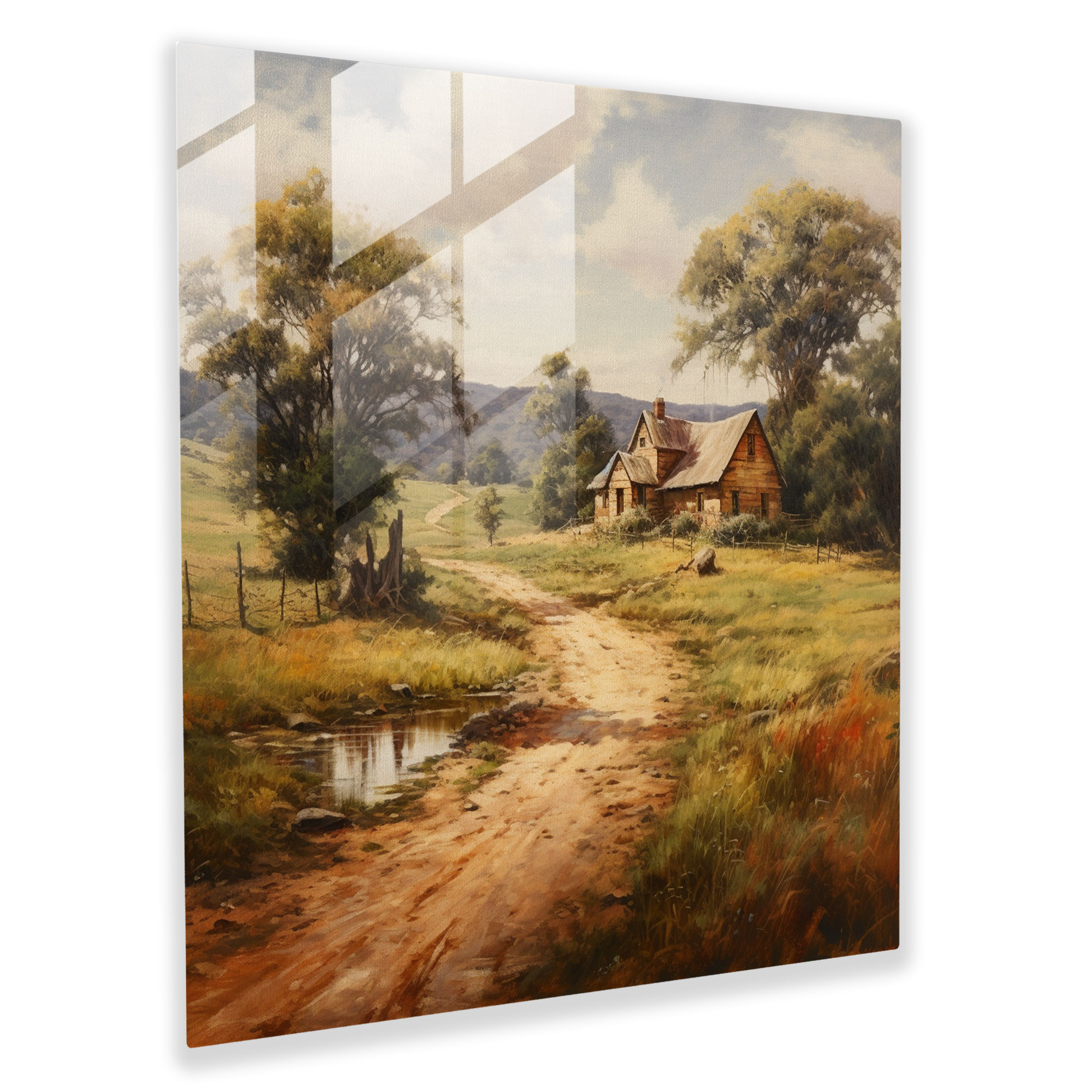Rustic Farmhouse Oil Painting Glass Print - Rustic, Rural, Farmhouse, Rustic