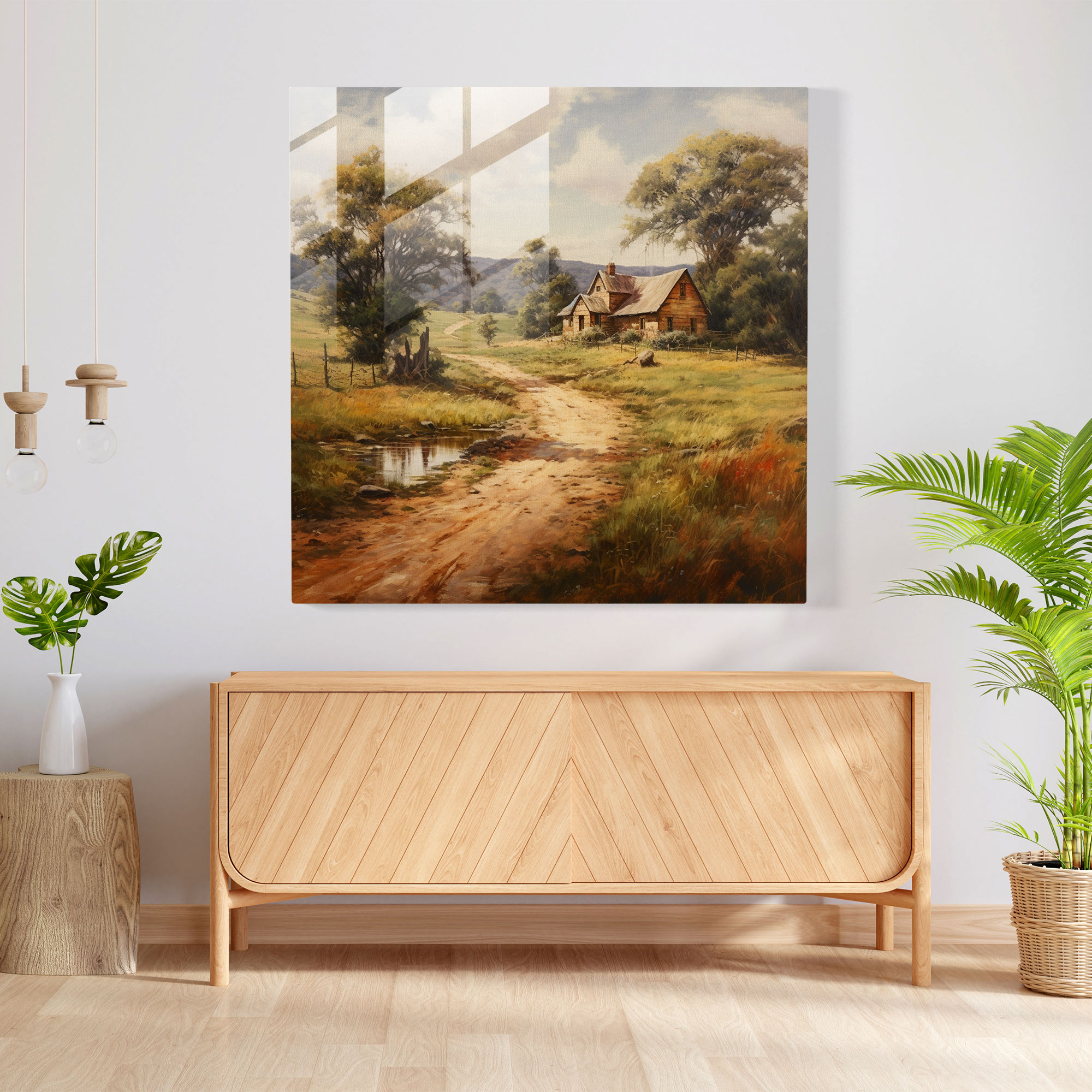 Rustic Farmhouse Oil Painting Glass Print - Rustic, Rural, Farmhouse, Rustic