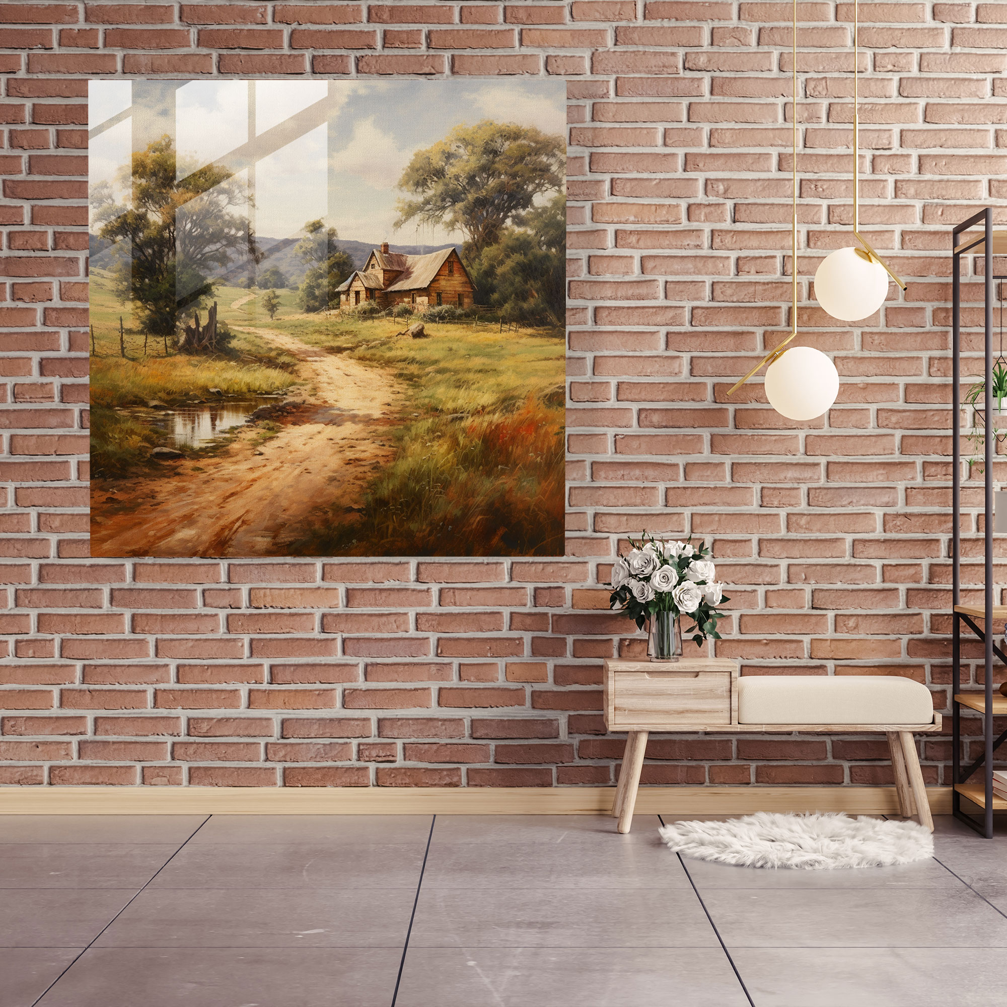 Rustic Farmhouse Oil Painting Glass Print - Rustic, Rural, Farmhouse, Rustic