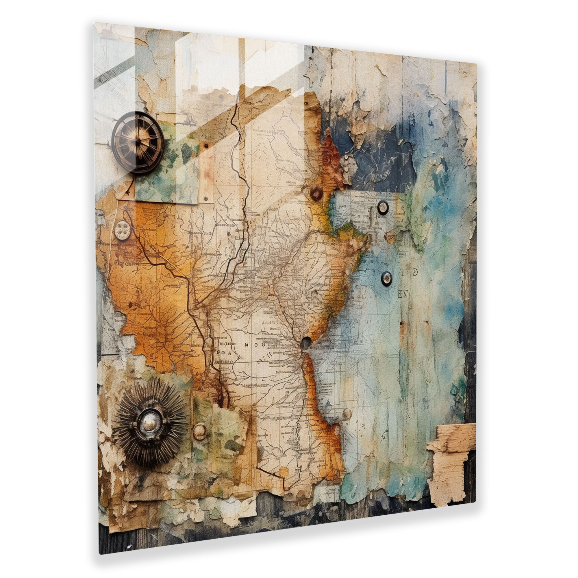 Rustic Map Collage Glass Print - Rustic, Vintage, Map, Wooden Plank