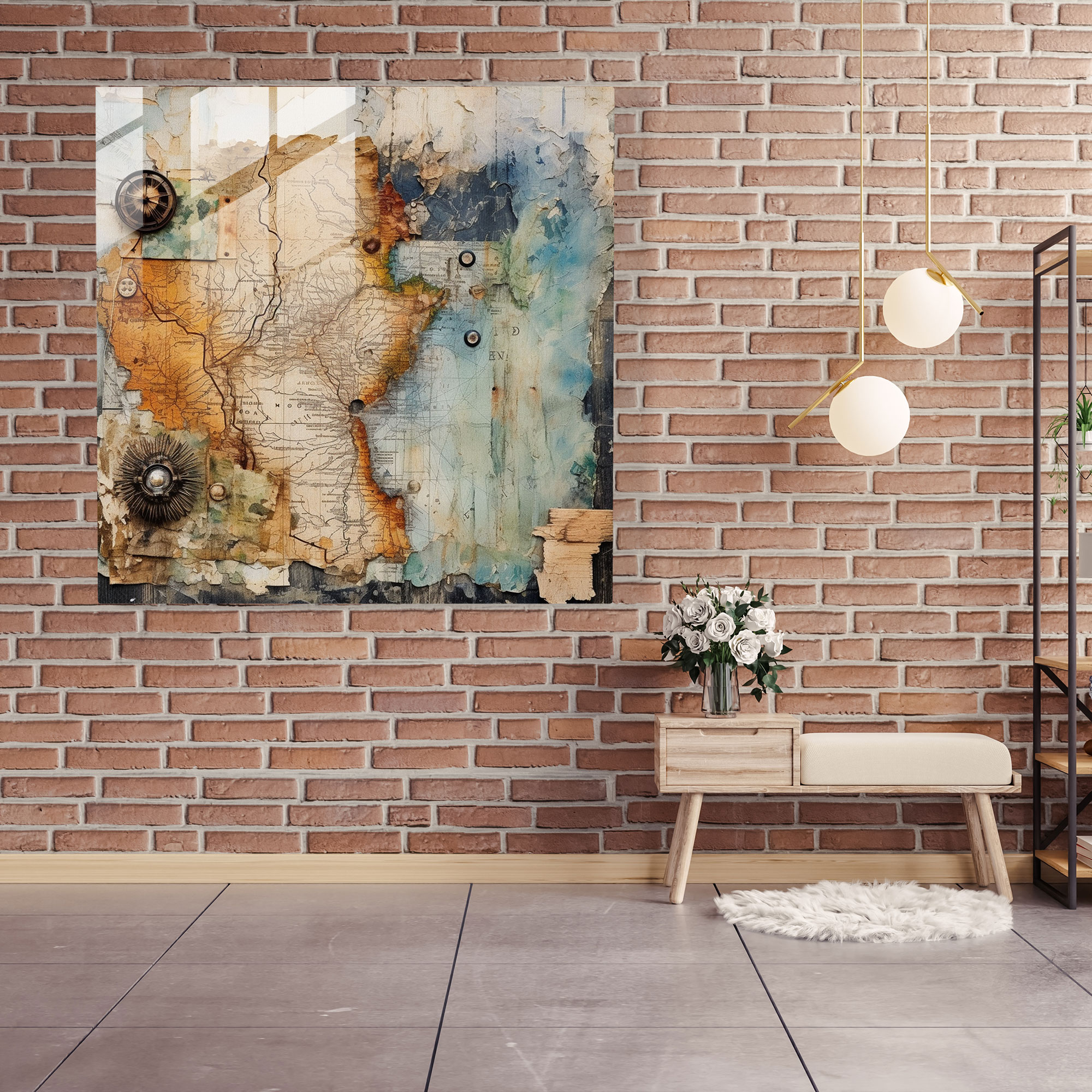 Rustic Map Collage Glass Print - Rustic, Vintage, Map, Wooden Plank