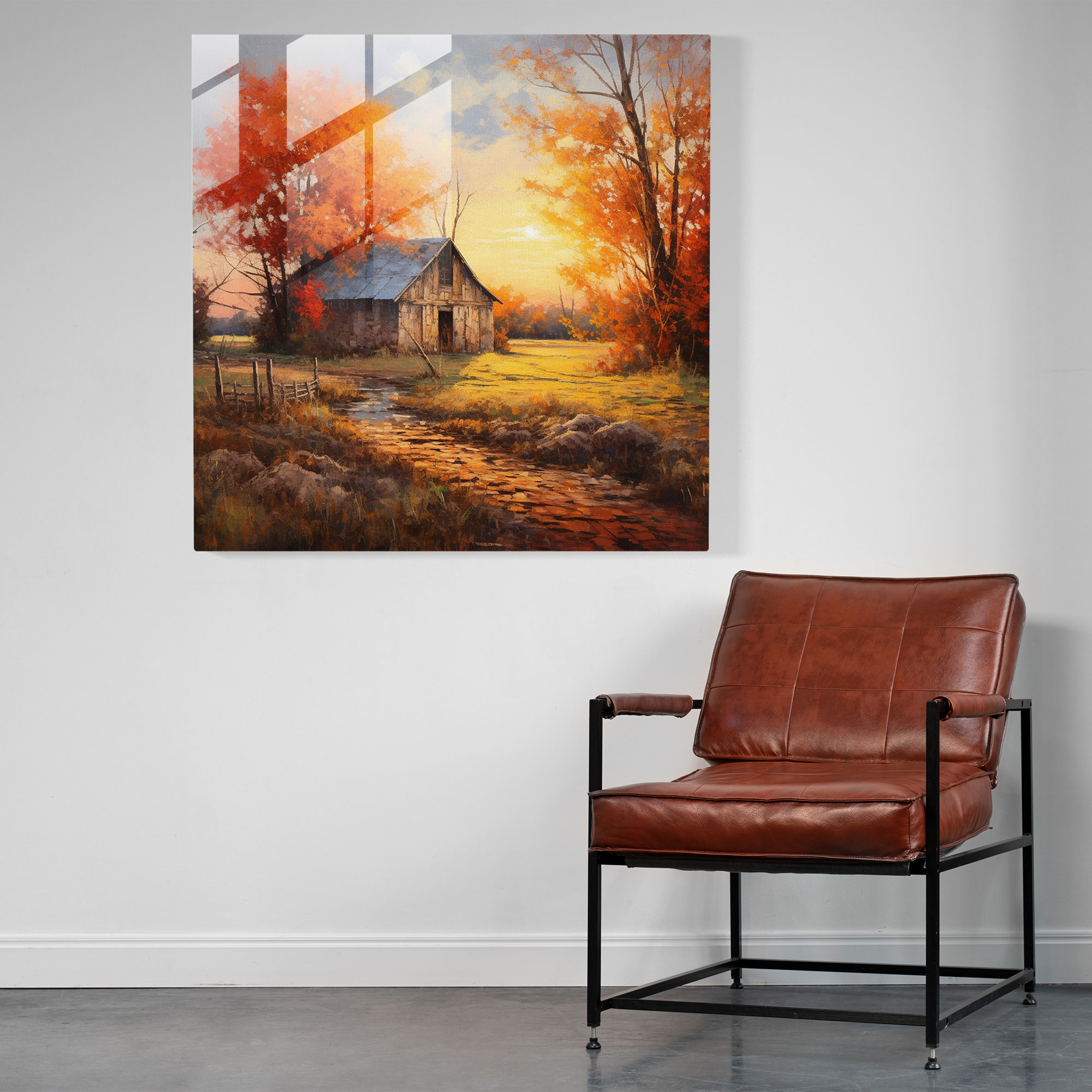 Rustic Barn Sunset Oil Painting Glass Print - Rustic, Glass Print, Glass Art, Sunset