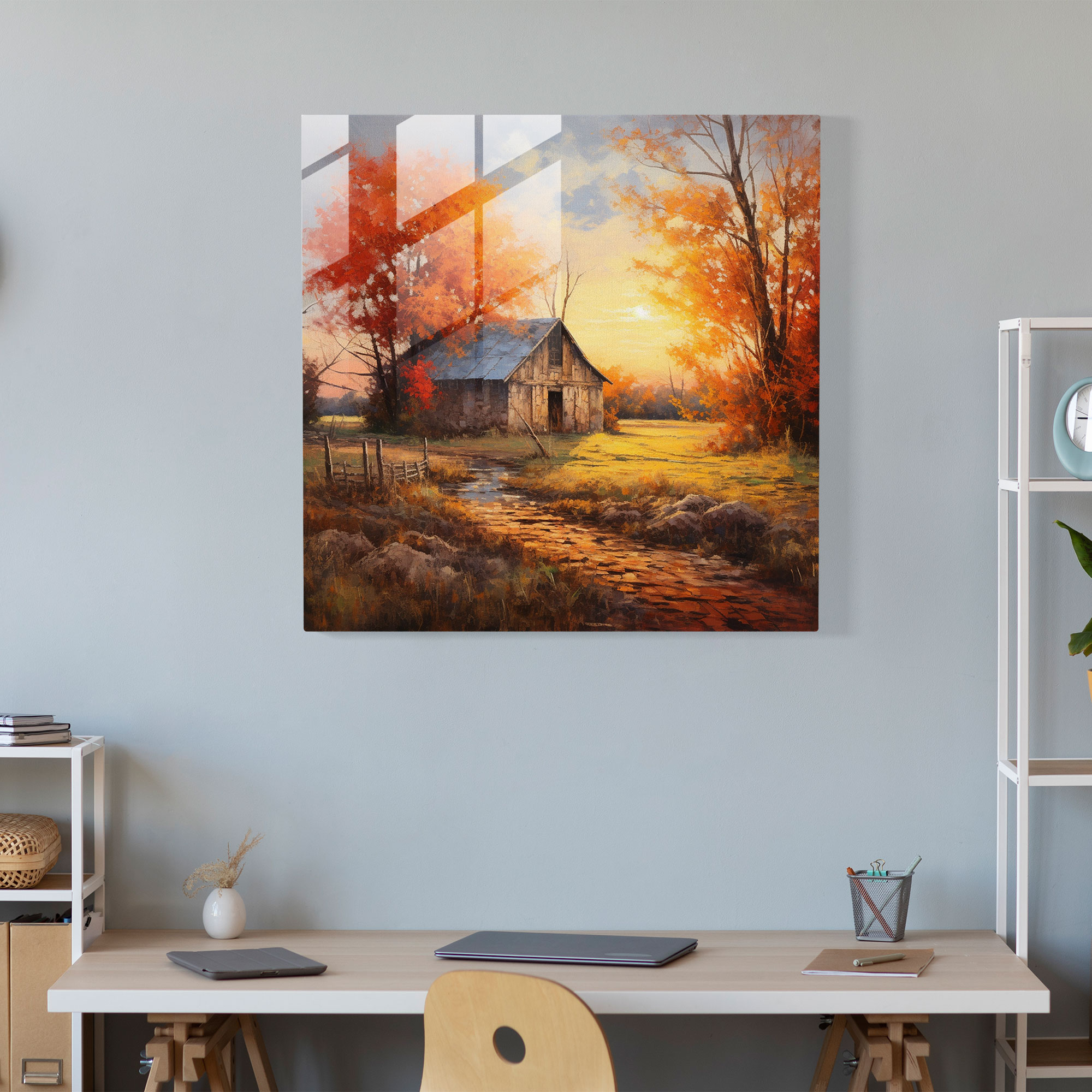 Rustic Barn Sunset Oil Painting Glass Print - Rustic, Glass Print, Glass Art, Sunset