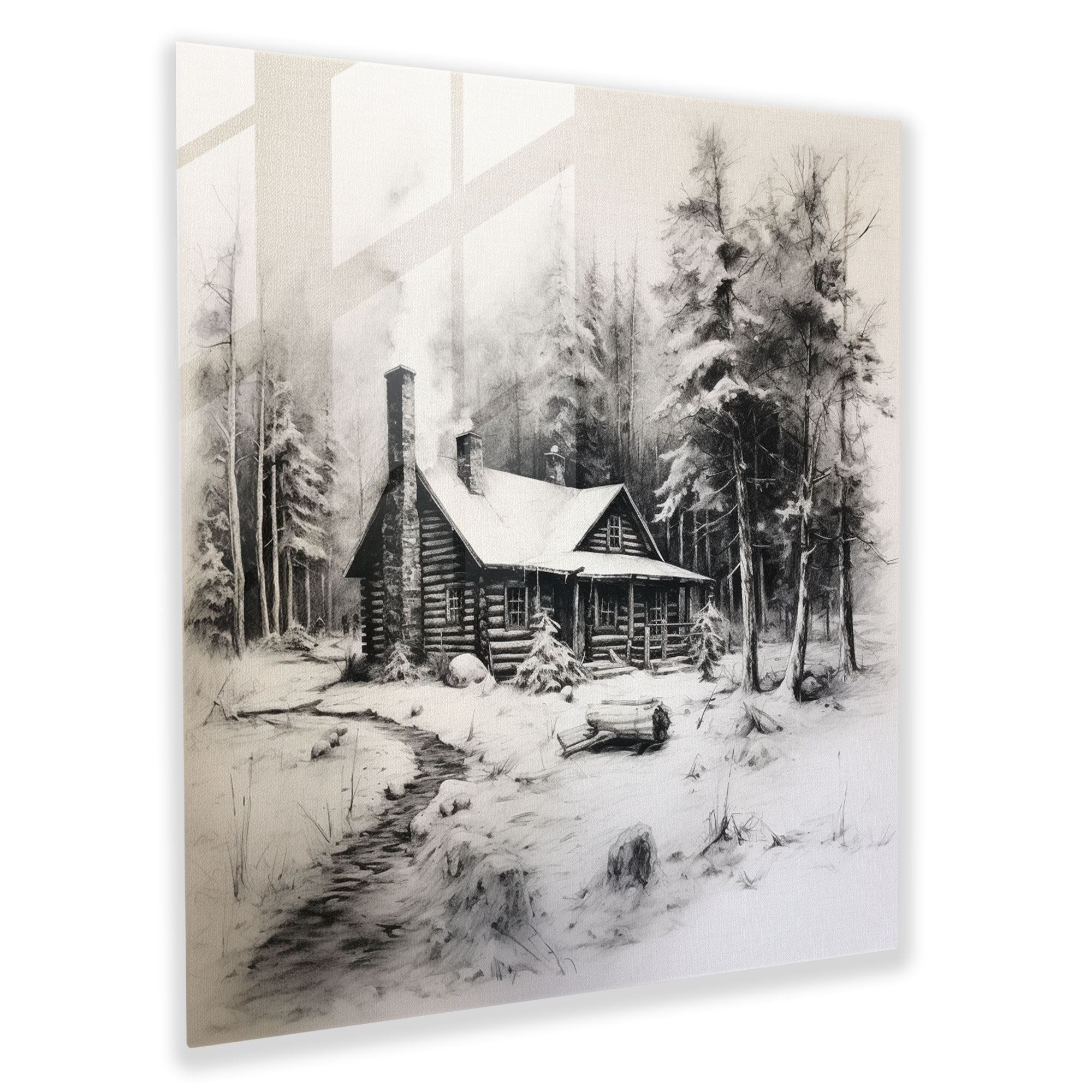 Rustic Winter Cabin Charcoal Sketch Glass Print - Rustic, Glass Wall Art, Home Decoration, Log Cabin