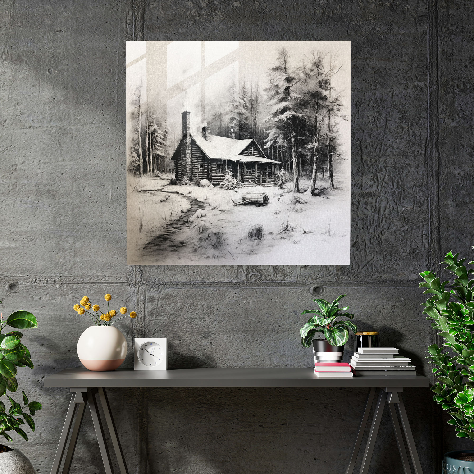 Rustic Winter Cabin Charcoal Sketch Glass Print - Rustic, Glass Wall Art, Home Decoration, Log Cabin
