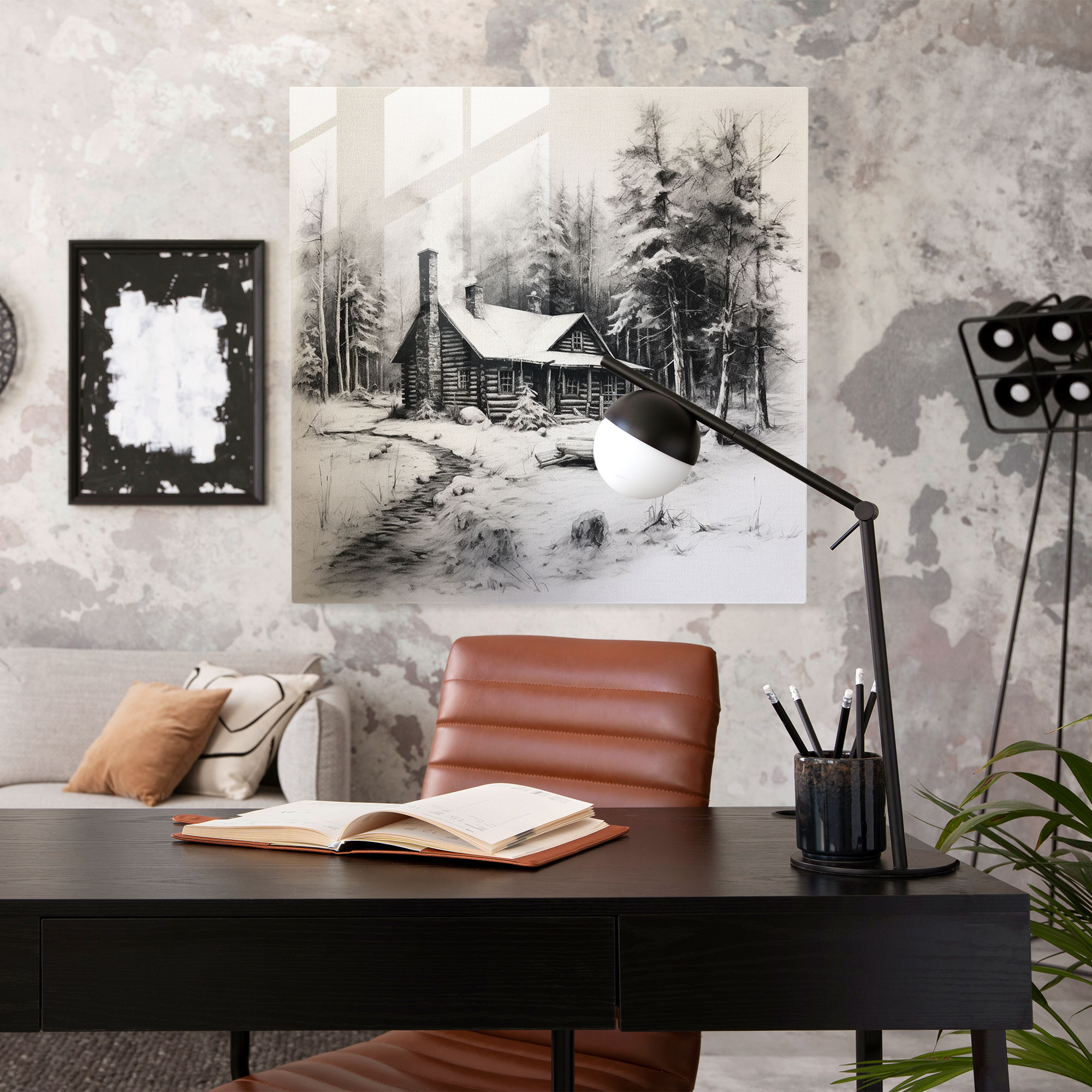 Rustic Winter Cabin Charcoal Sketch Glass Print - Rustic, Glass Wall Art, Home Decoration, Log Cabin