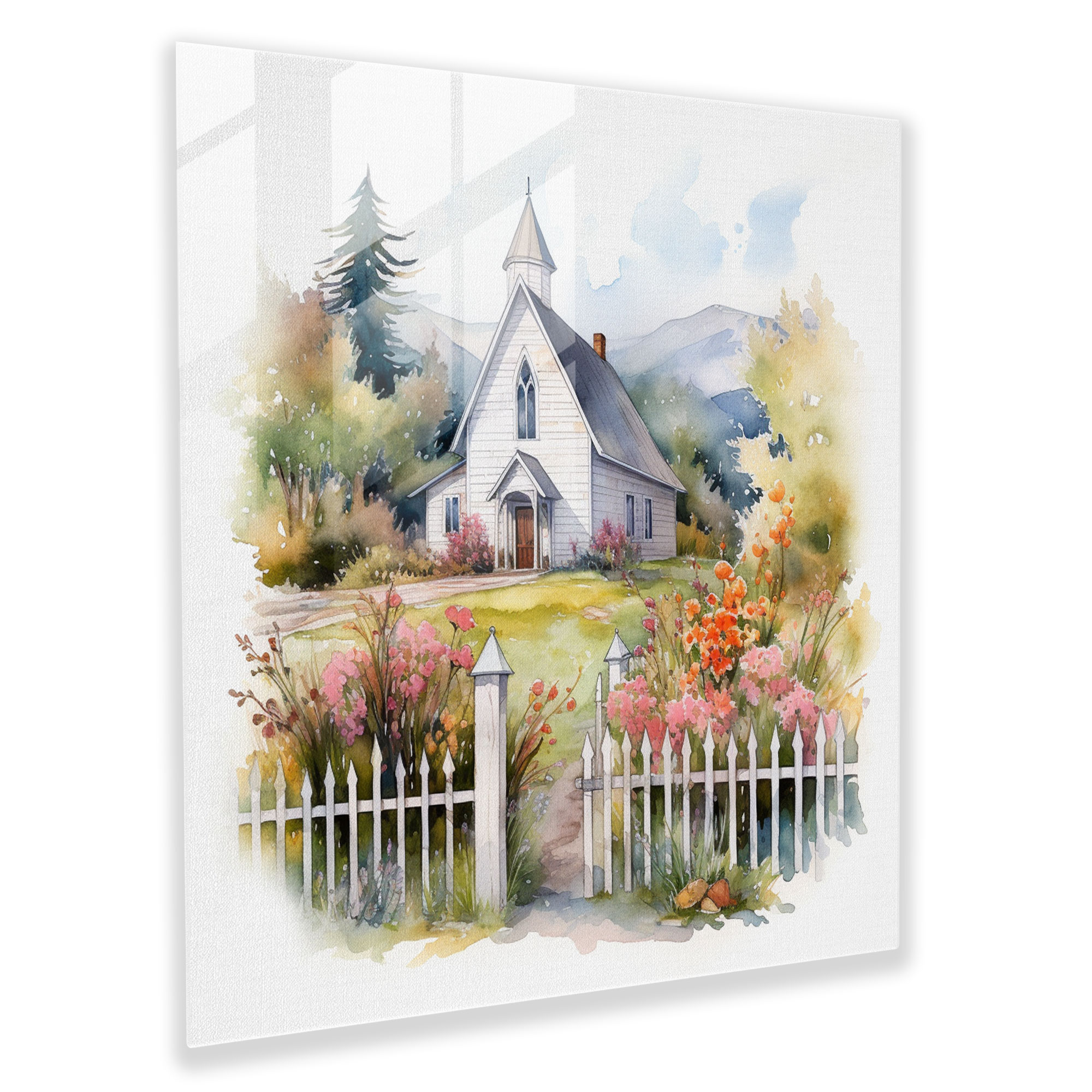 Rustic Country Church Glass Print - Rustic, Wall Decoration, Rustic, Watercolor Illustration