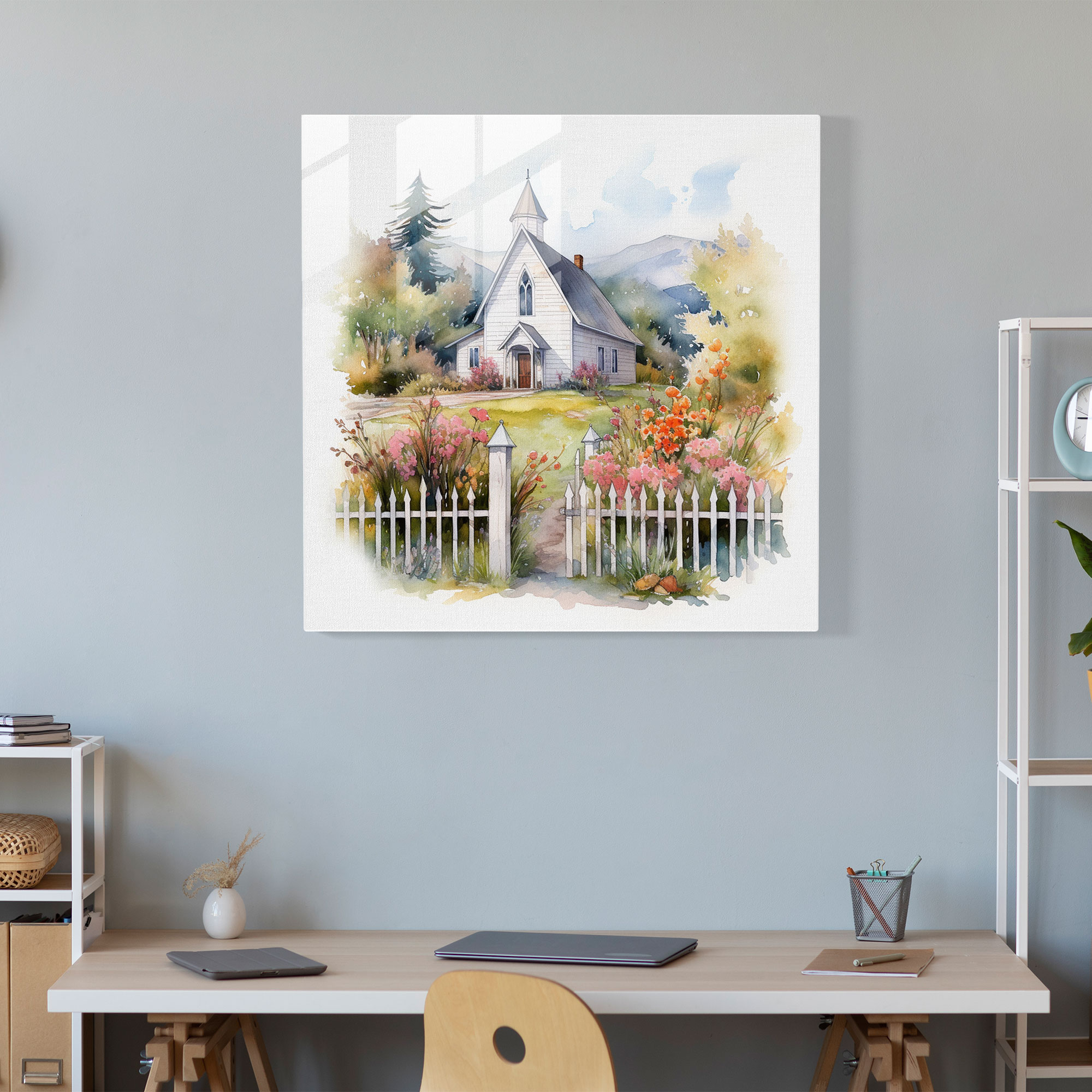 Rustic Country Church Glass Print - Rustic, Wall Decoration, Rustic, Watercolor Illustration