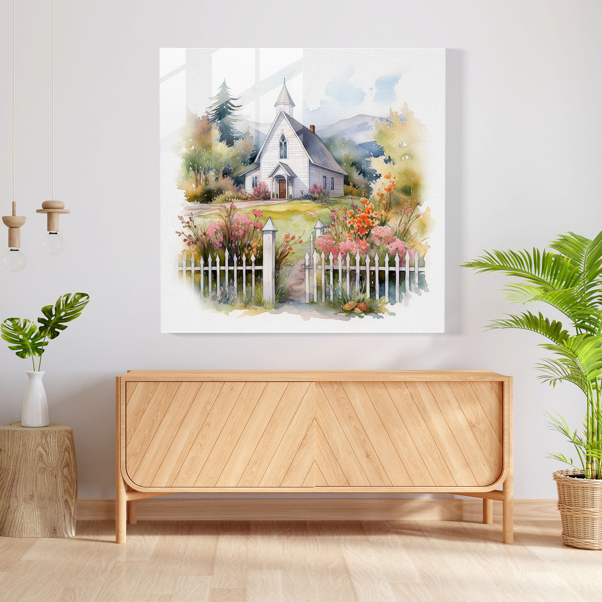 Rustic Country Church Glass Print - Rustic, Wall Decoration, Rustic, Watercolor Illustration